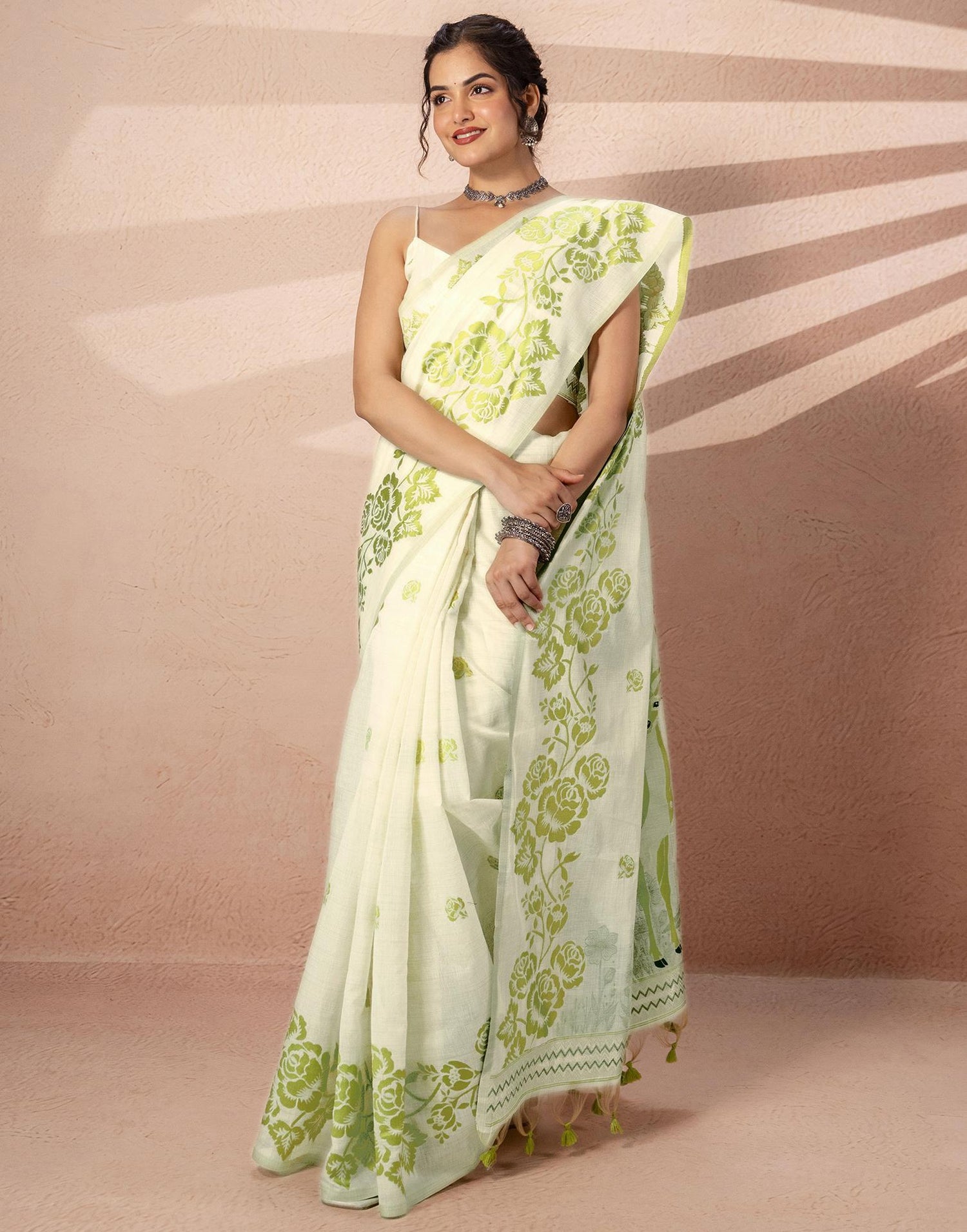 Beige Chanderi Cotton Woven Saree