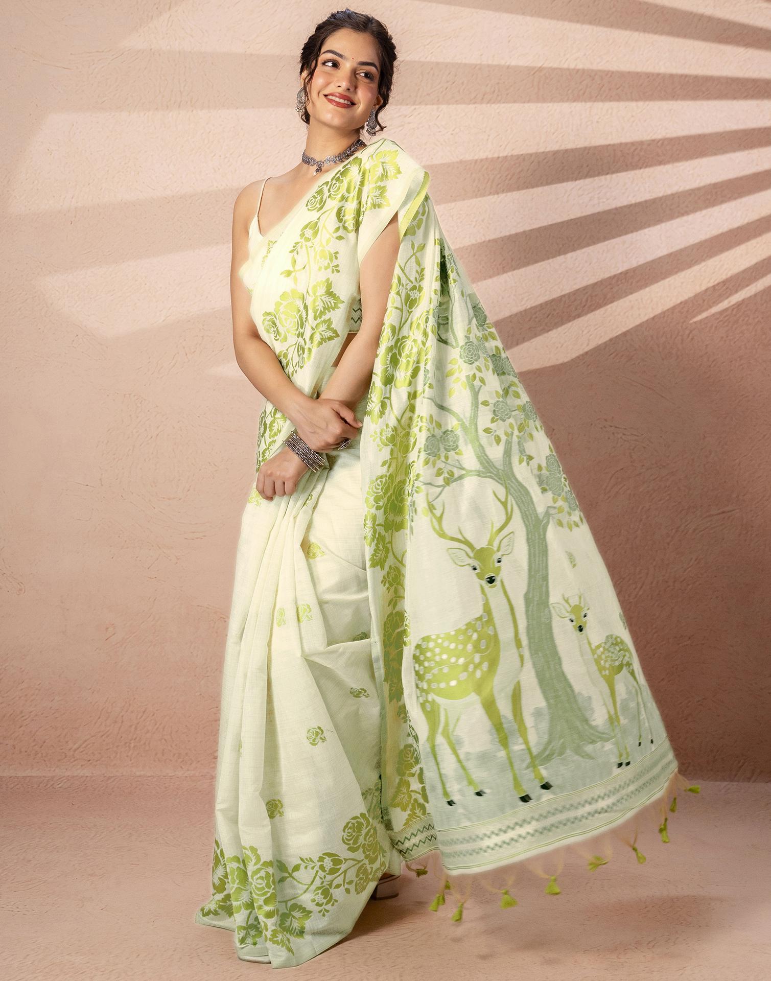 Beige Chanderi Cotton Woven Saree
