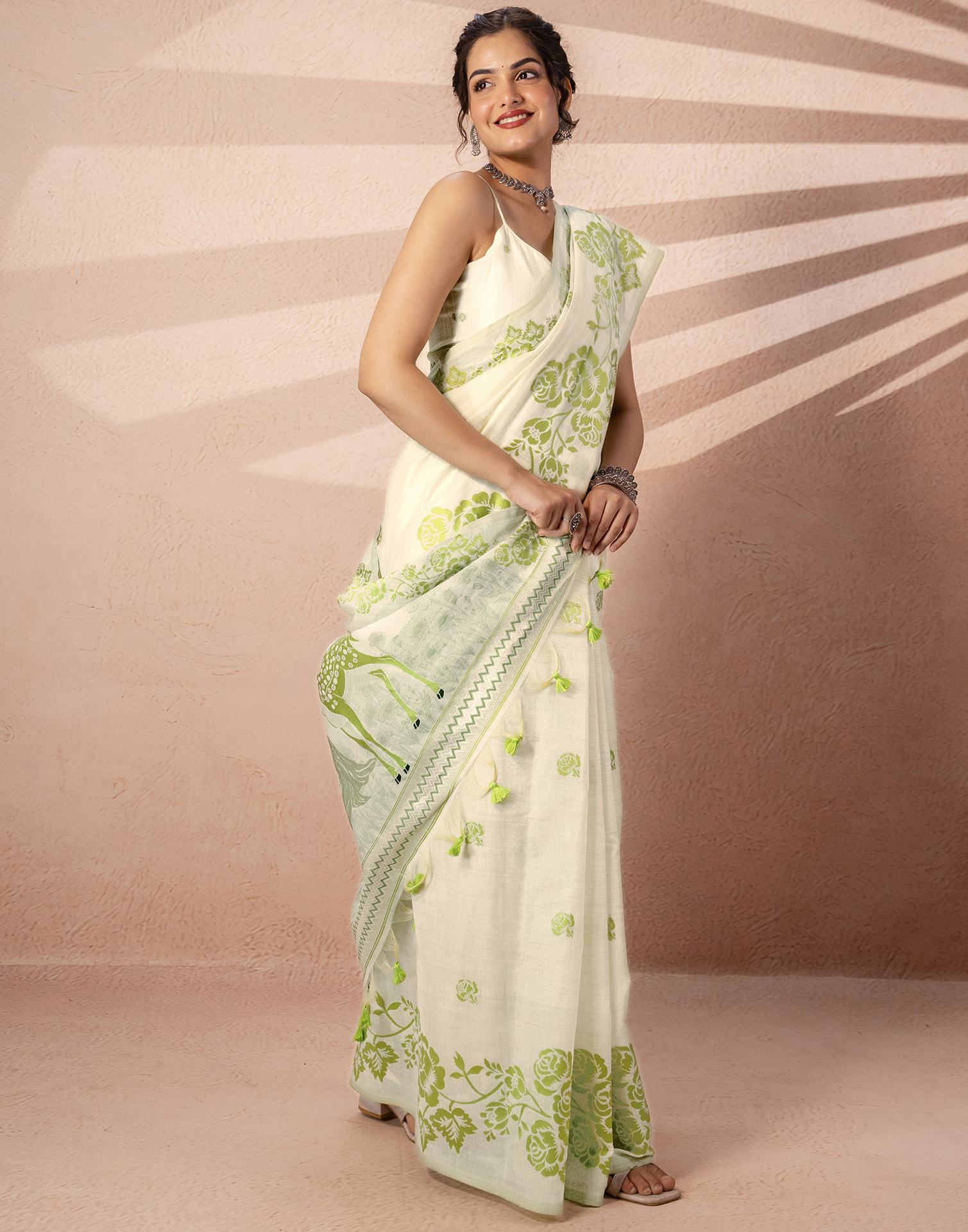 Beige Chanderi Cotton Woven Saree