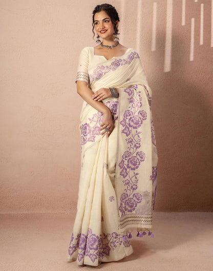 Beige Chanderi Cotton Woven Saree