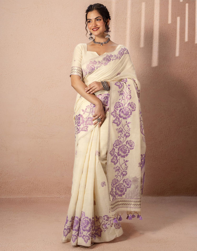Beige Chanderi Cotton Woven Saree