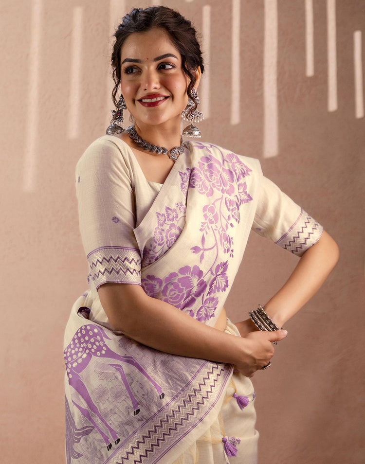 Beige Chanderi Cotton Woven Saree