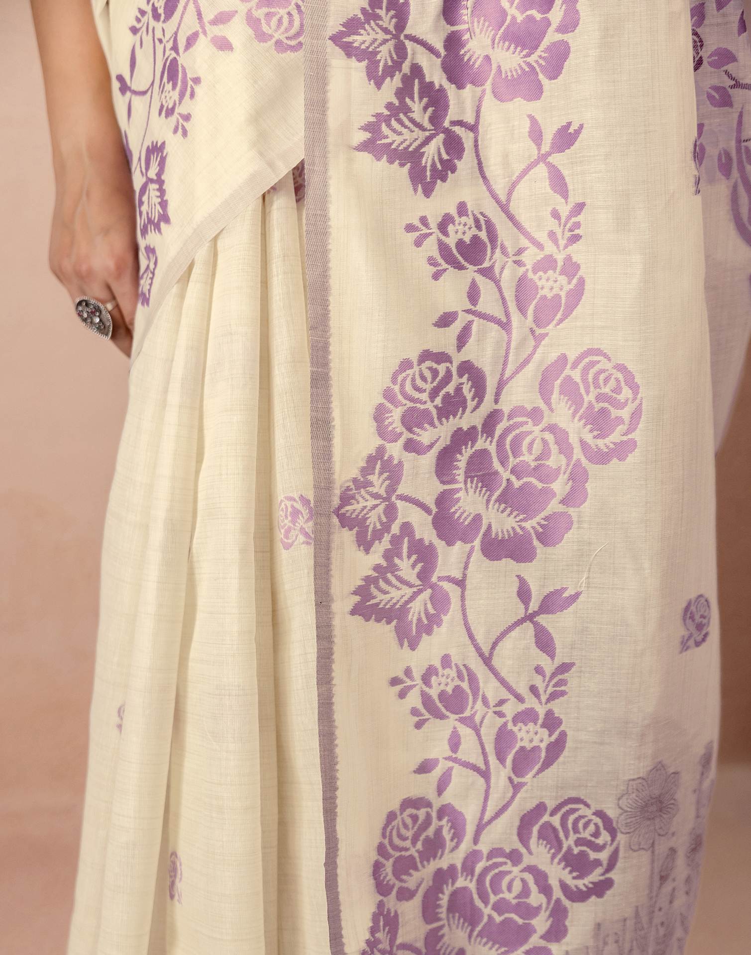 Beige Chanderi Cotton Woven Saree