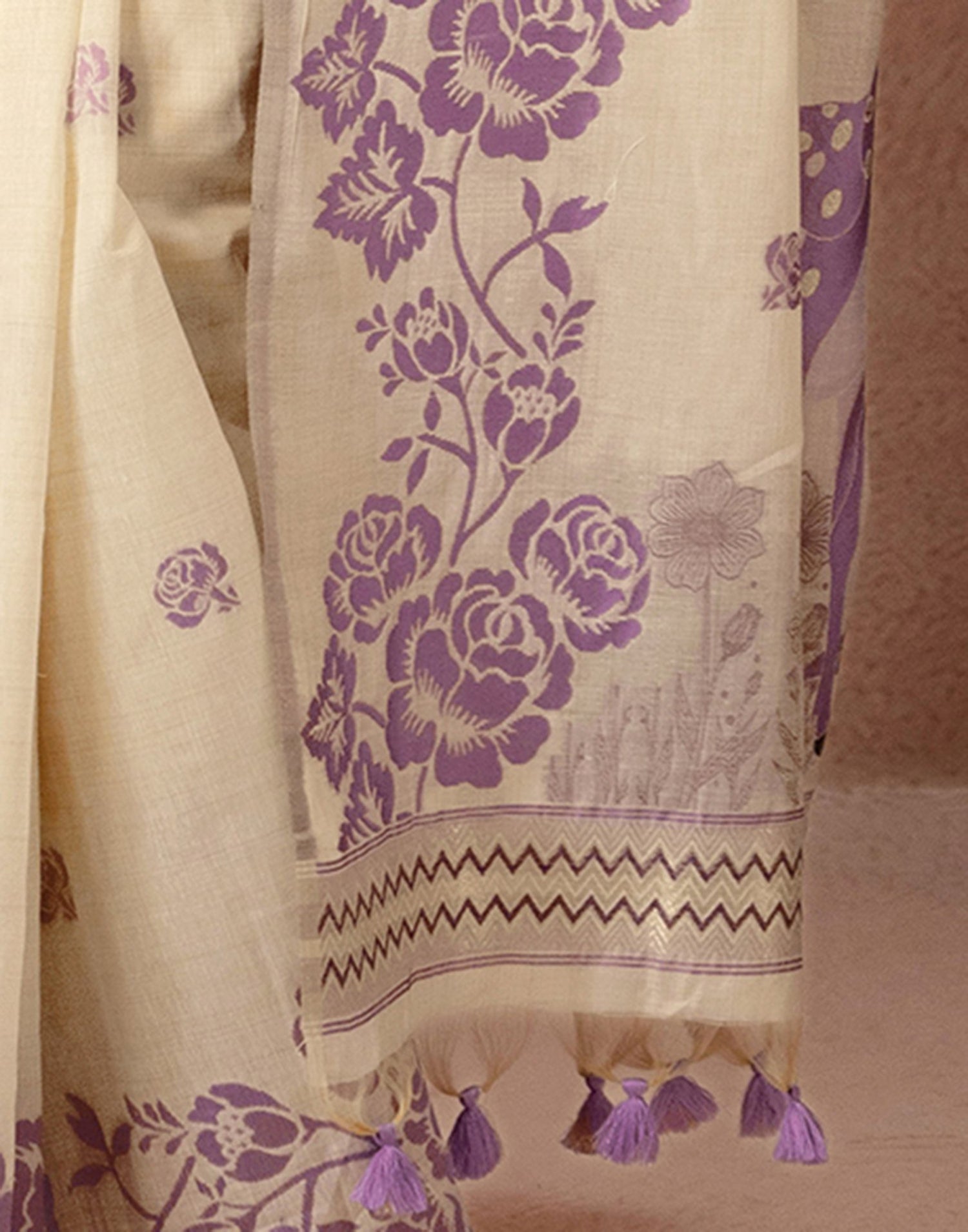 Beige Chanderi Cotton Woven Saree