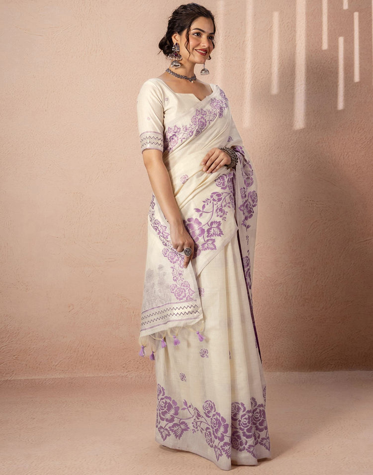 Beige Chanderi Cotton Woven Saree