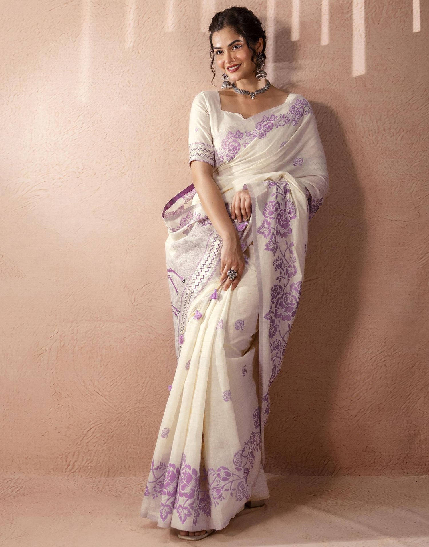 Beige Chanderi Cotton Woven Saree