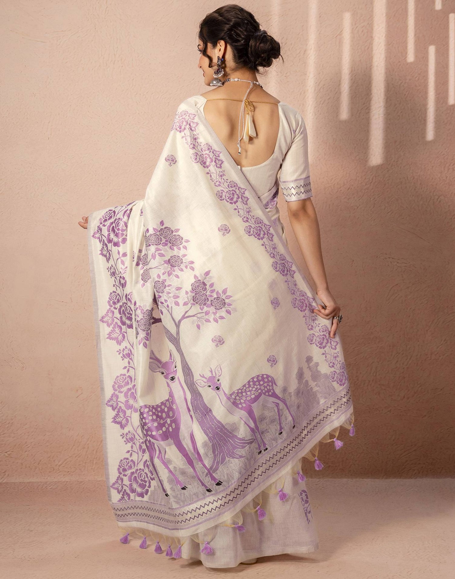 Beige Chanderi Cotton Woven Saree