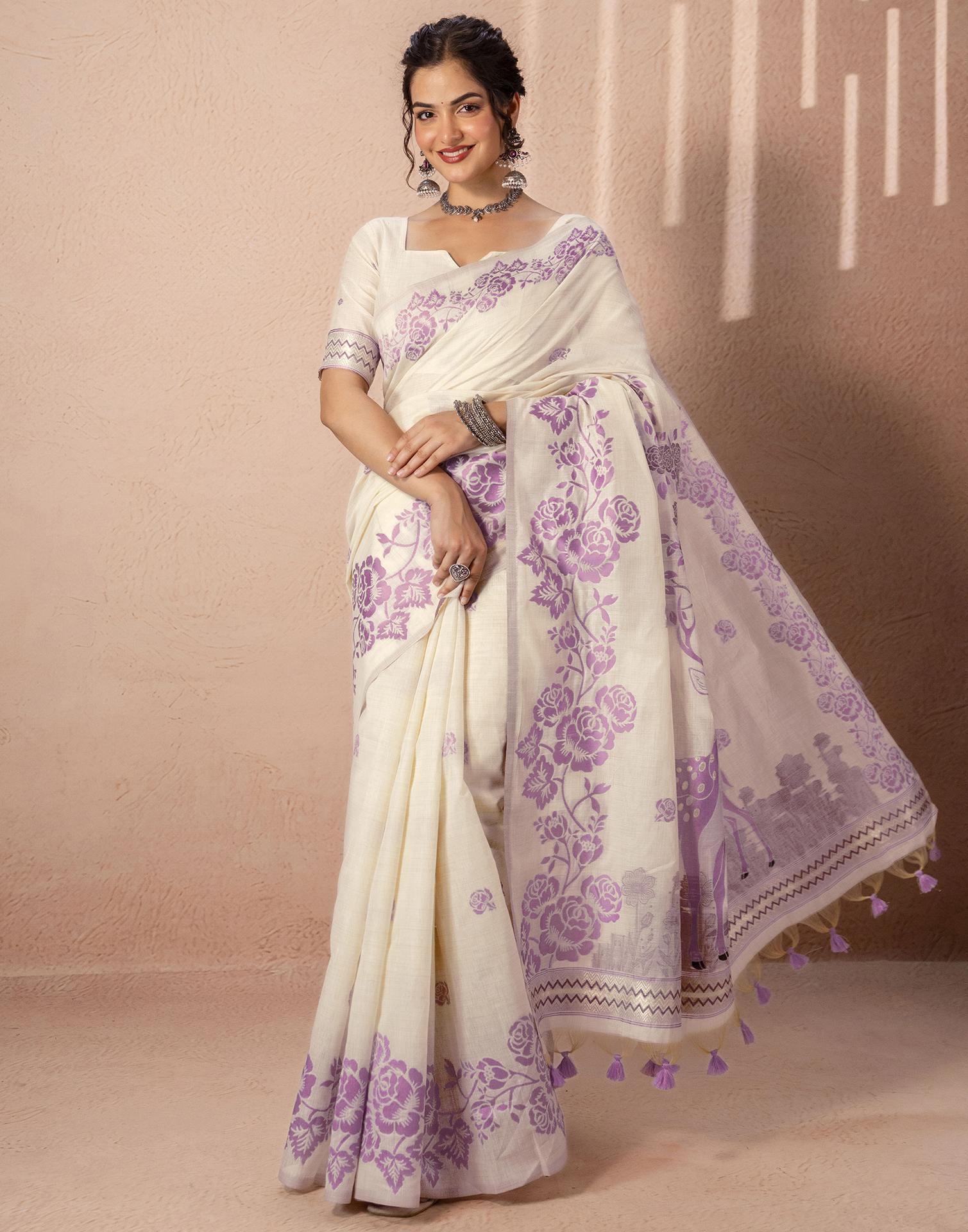 Beige Chanderi Cotton Woven Saree