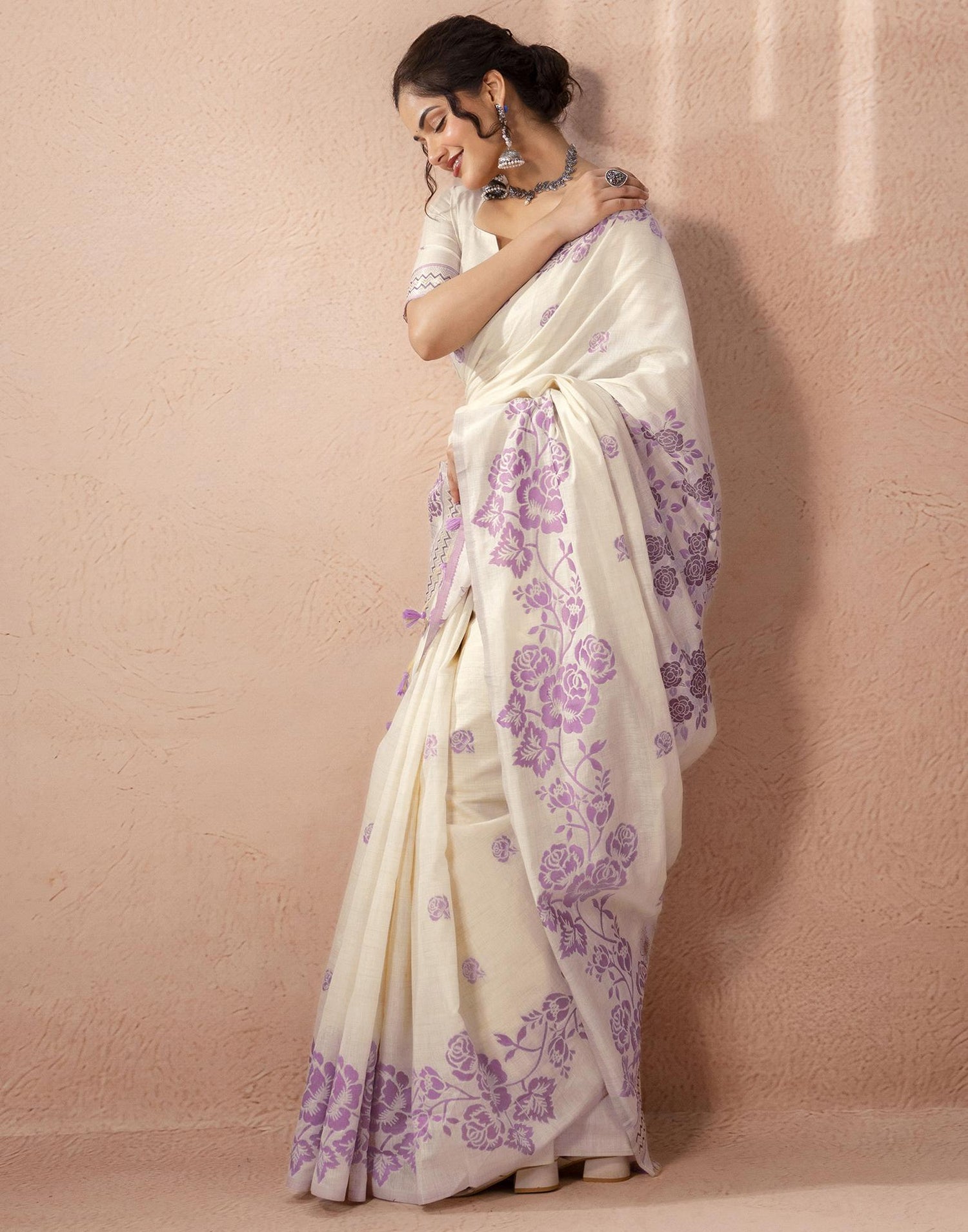 Beige Chanderi Cotton Woven Saree