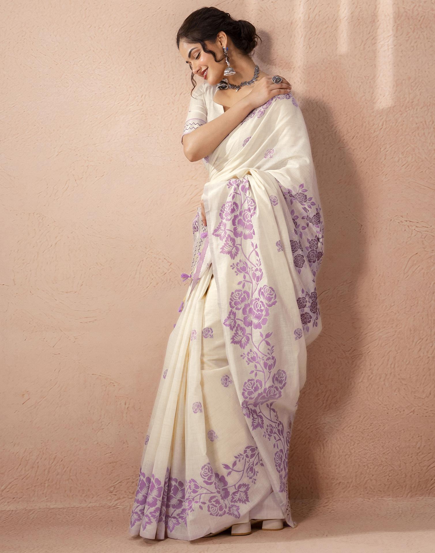Beige Chanderi Cotton Woven Saree