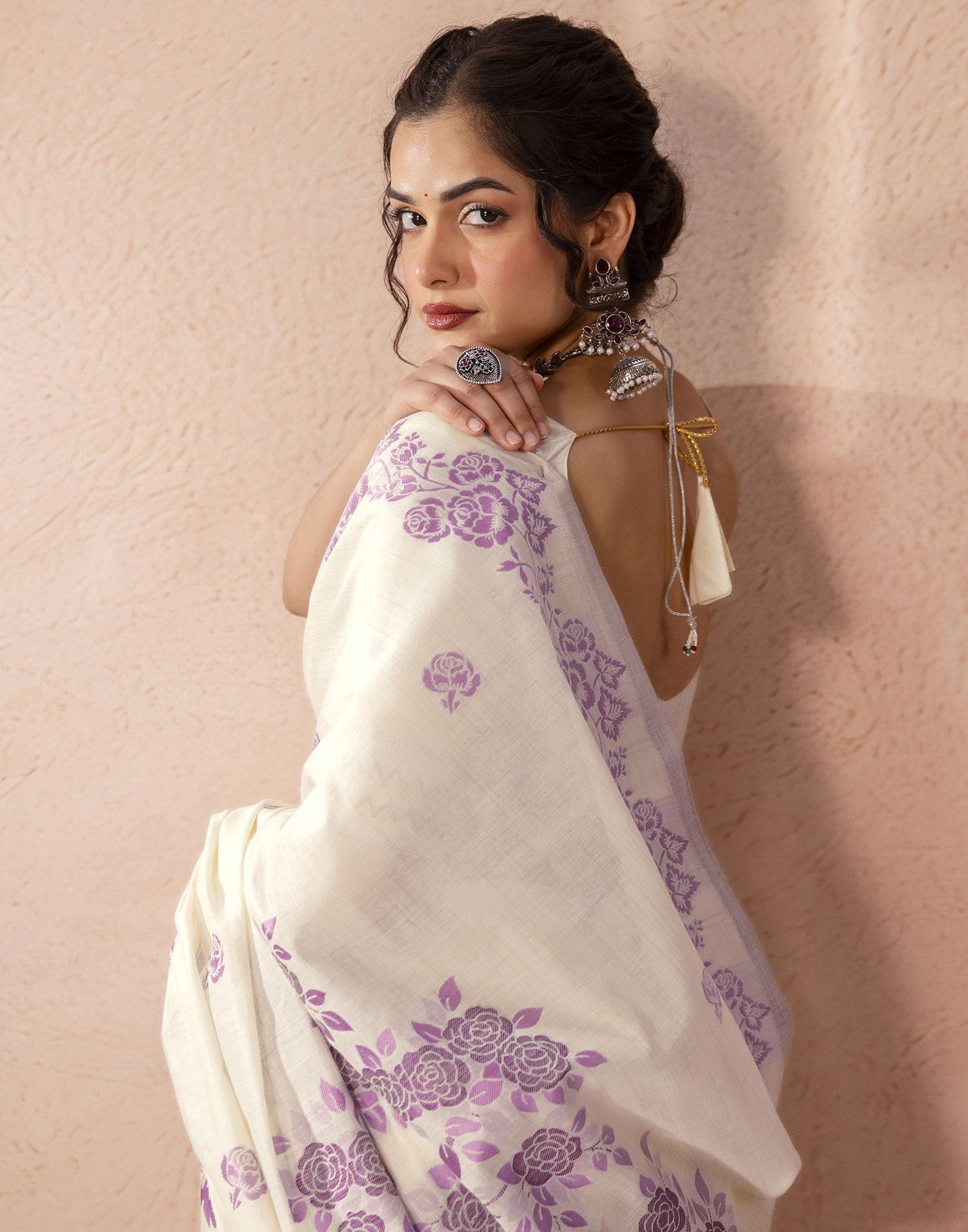 Beige Chanderi Cotton Woven Saree