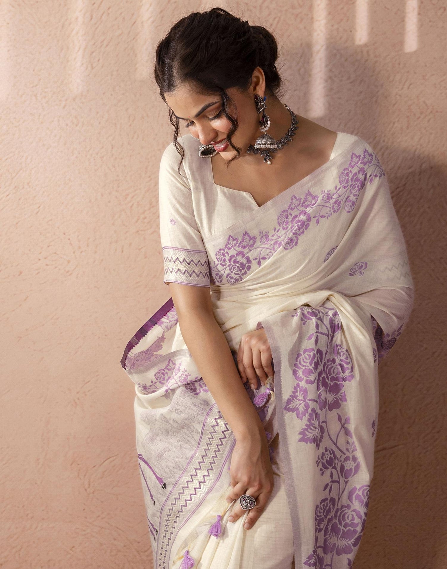Beige Chanderi Cotton Woven Saree