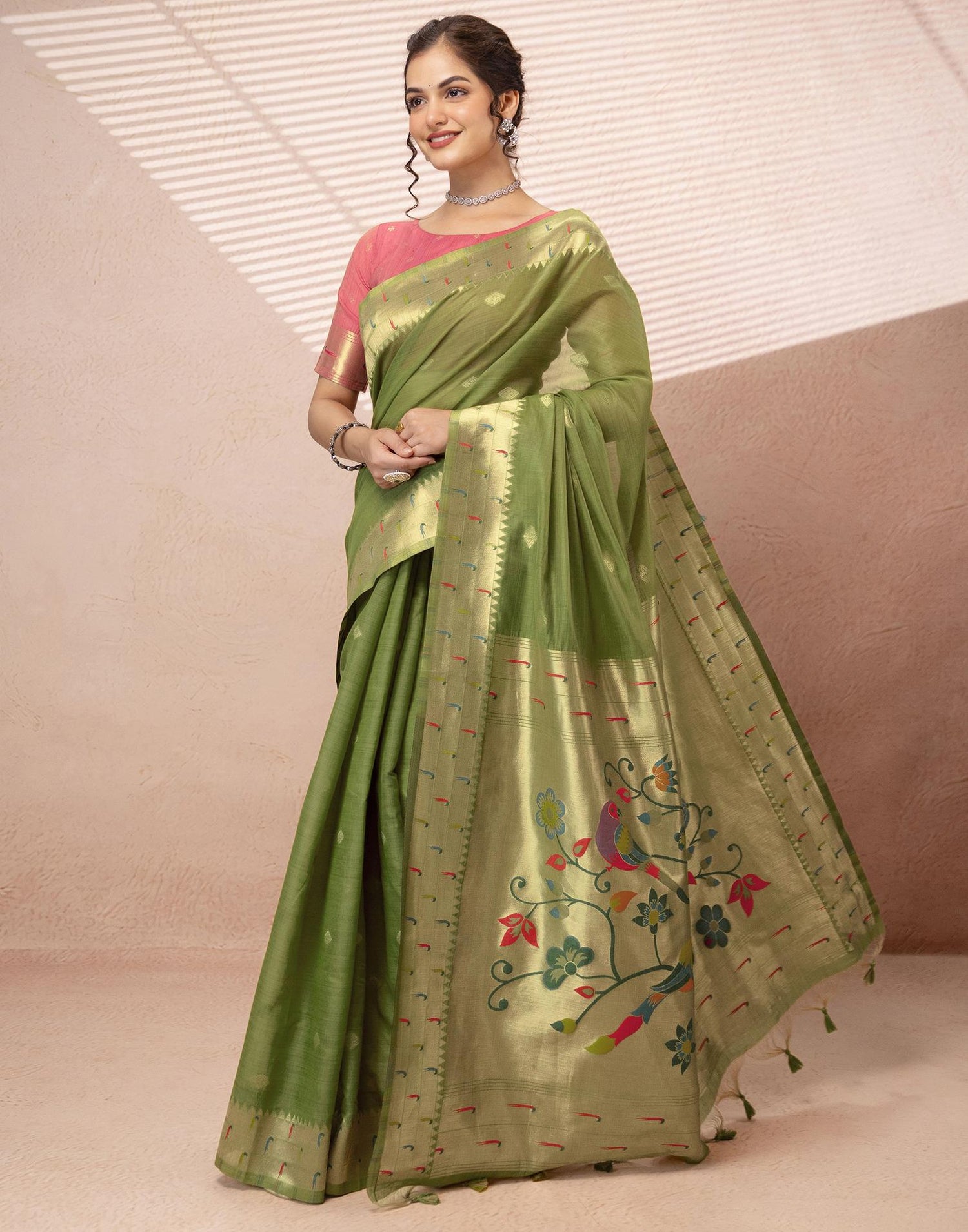 Green Chanderi Cotton Woven Paithani Saree