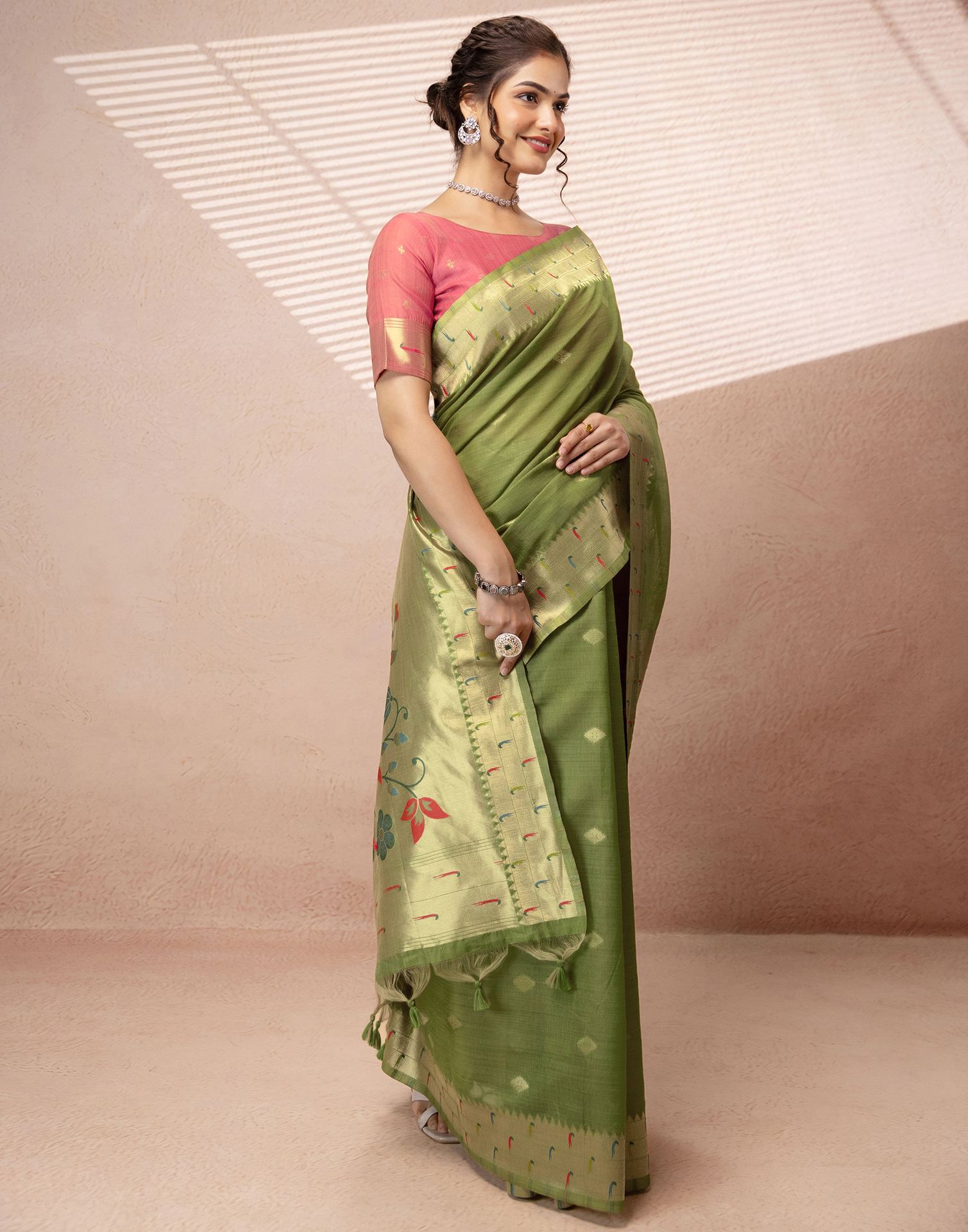 Green Chanderi Cotton Woven Paithani Saree