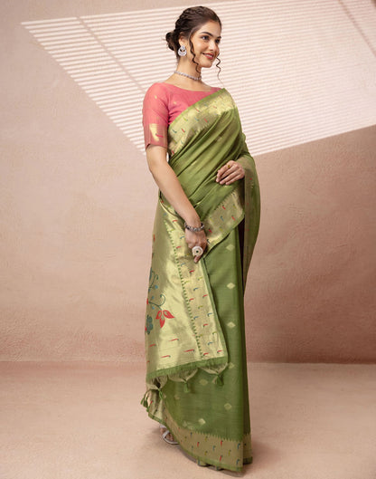 Green Chanderi Cotton Woven Paithani Saree