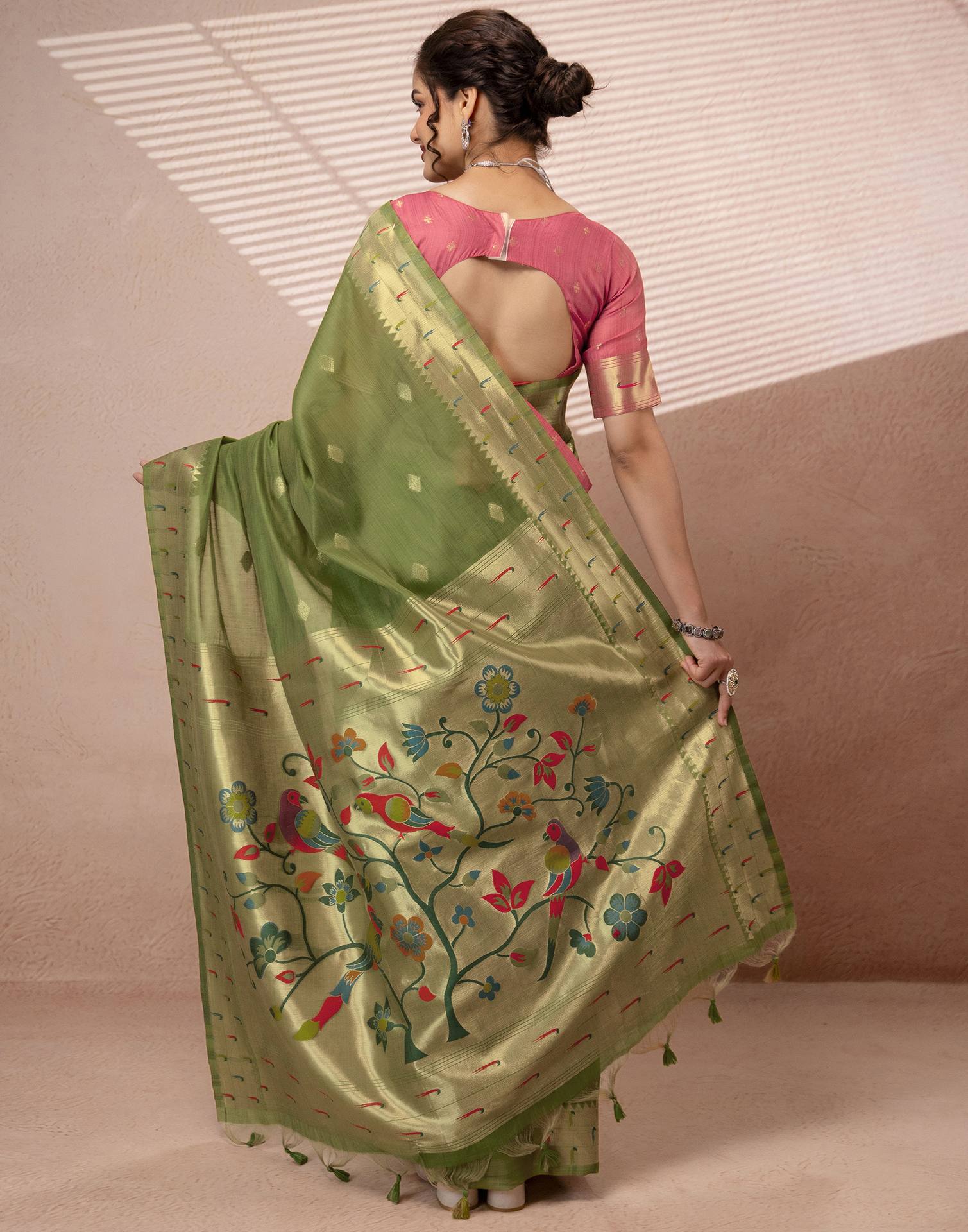 Green Chanderi Cotton Woven Paithani Saree