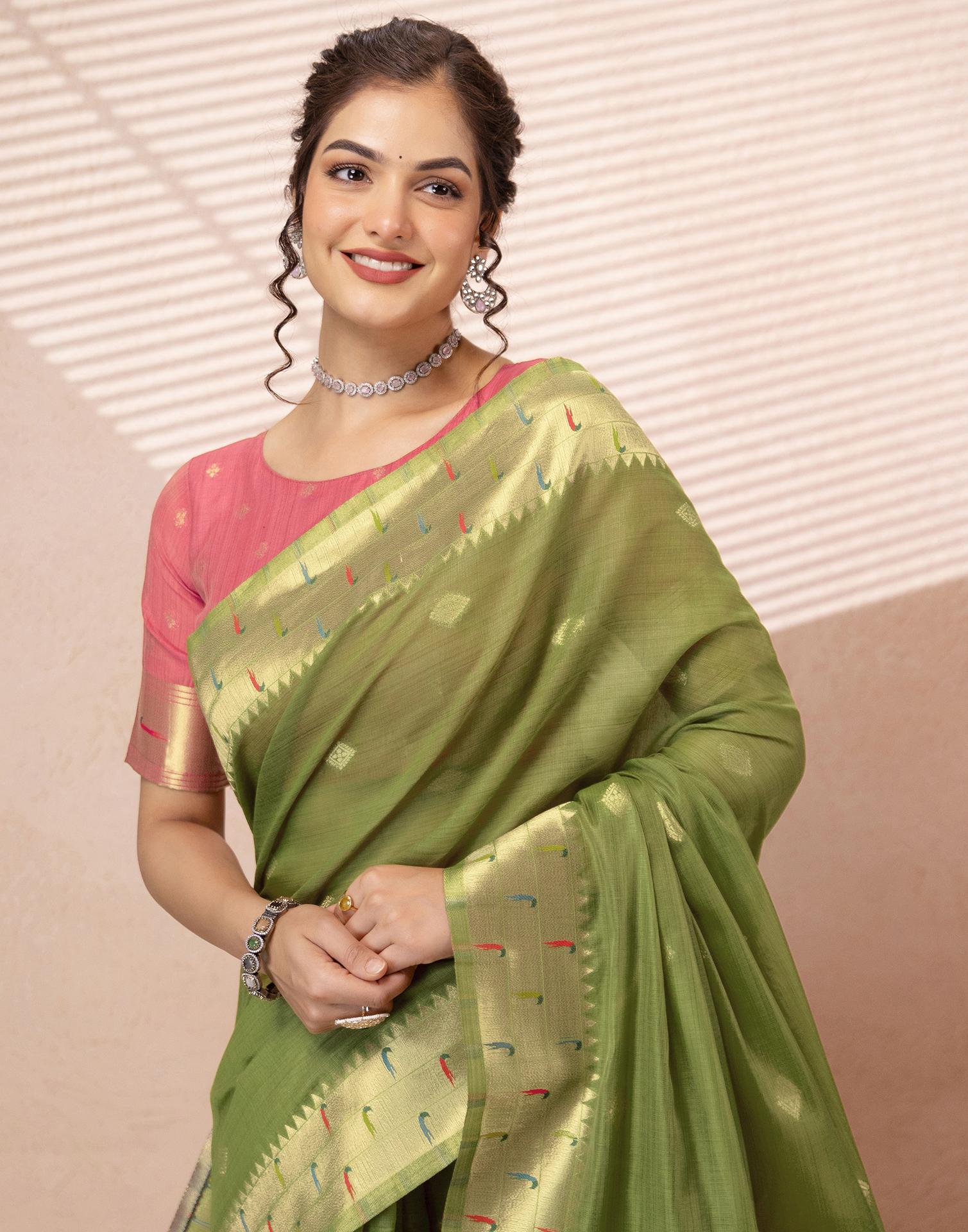 Green Chanderi Cotton Woven Paithani Saree