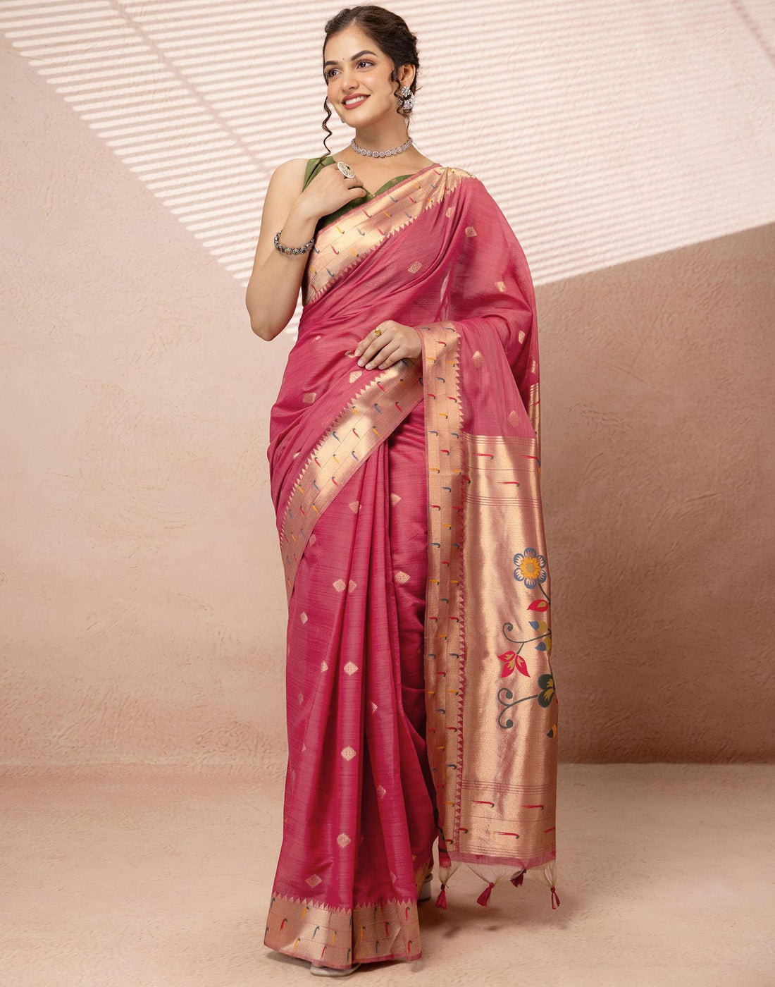 Dark Rose Pink Chanderi Cotton Woven Paithani Saree