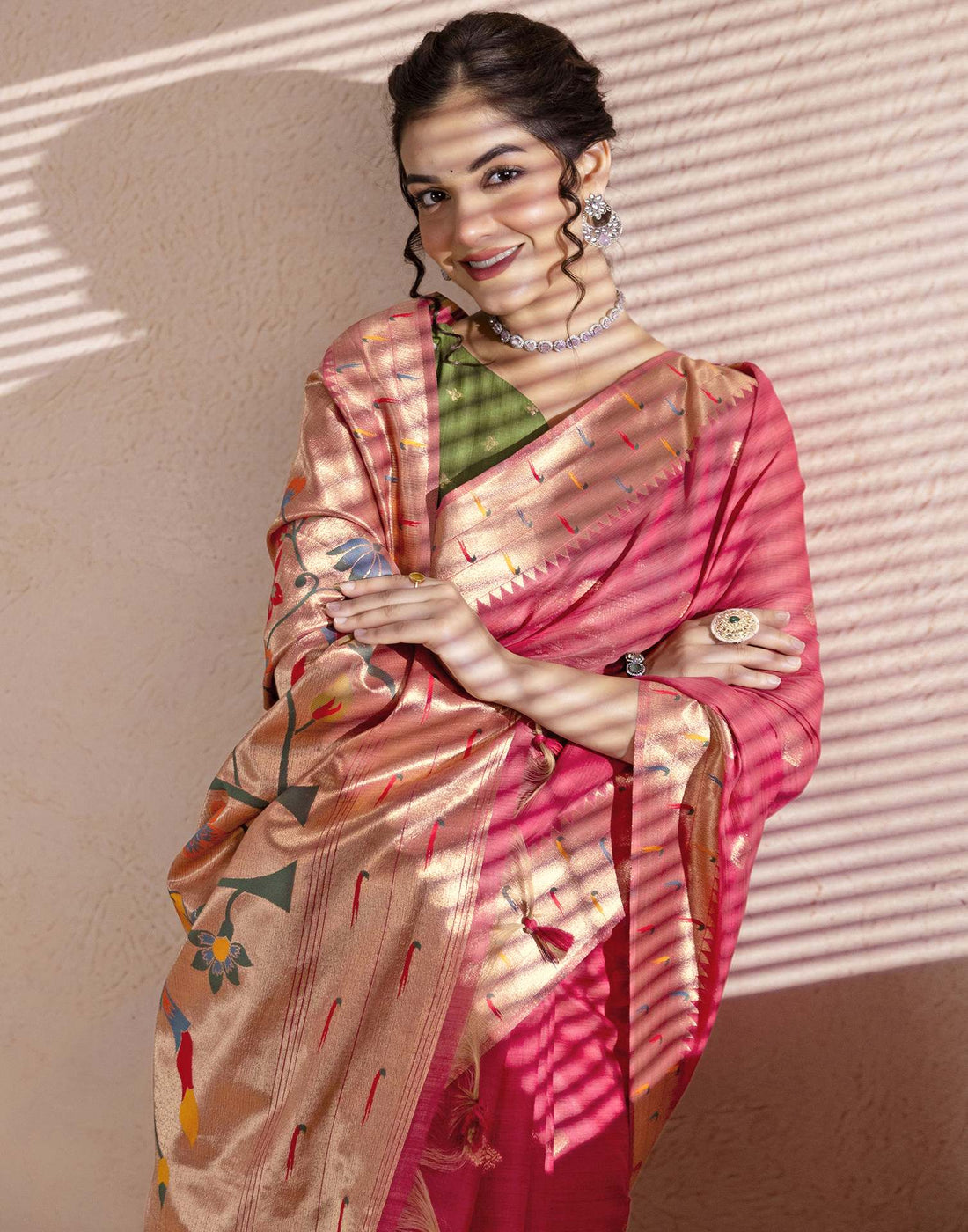 Dark Rose Pink Chanderi Cotton Woven Paithani Saree