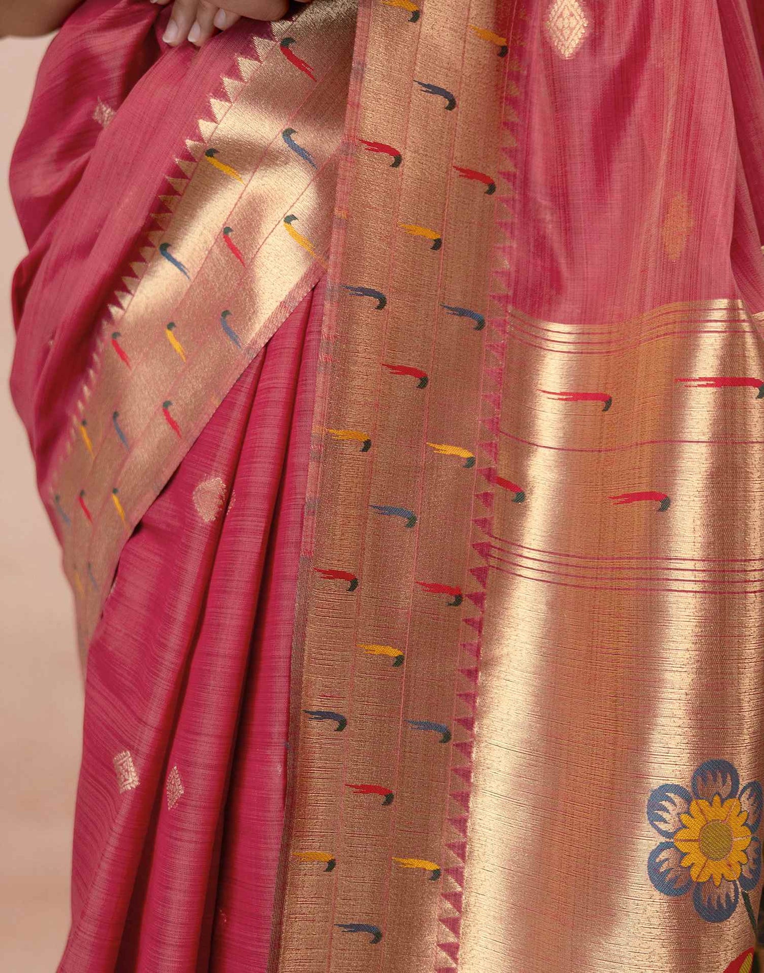 Dark Rose Pink Chanderi Cotton Woven Paithani Saree