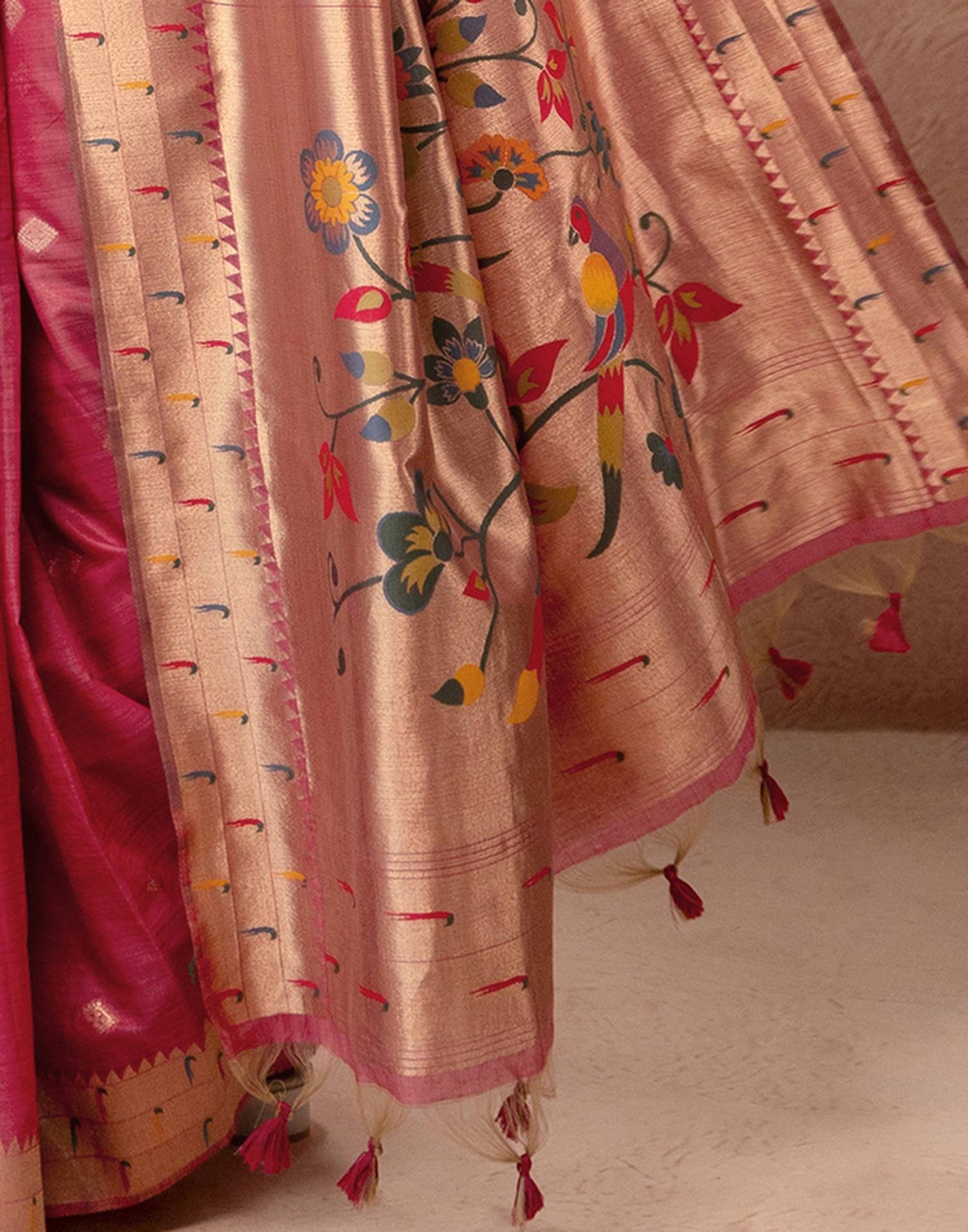 Dark Rose Pink Chanderi Cotton Woven Paithani Saree