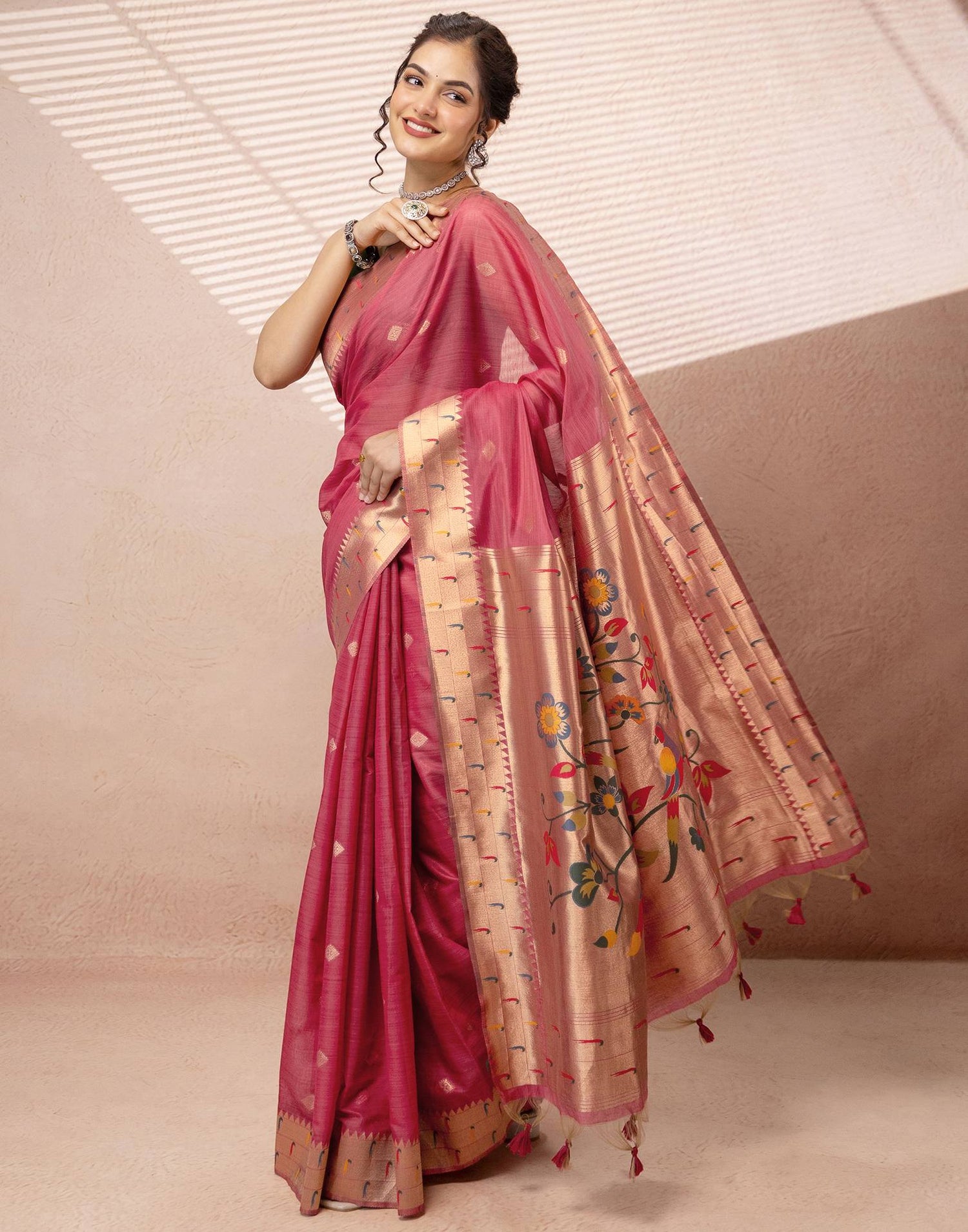 Dark Rose Pink Chanderi Cotton Woven Paithani Saree