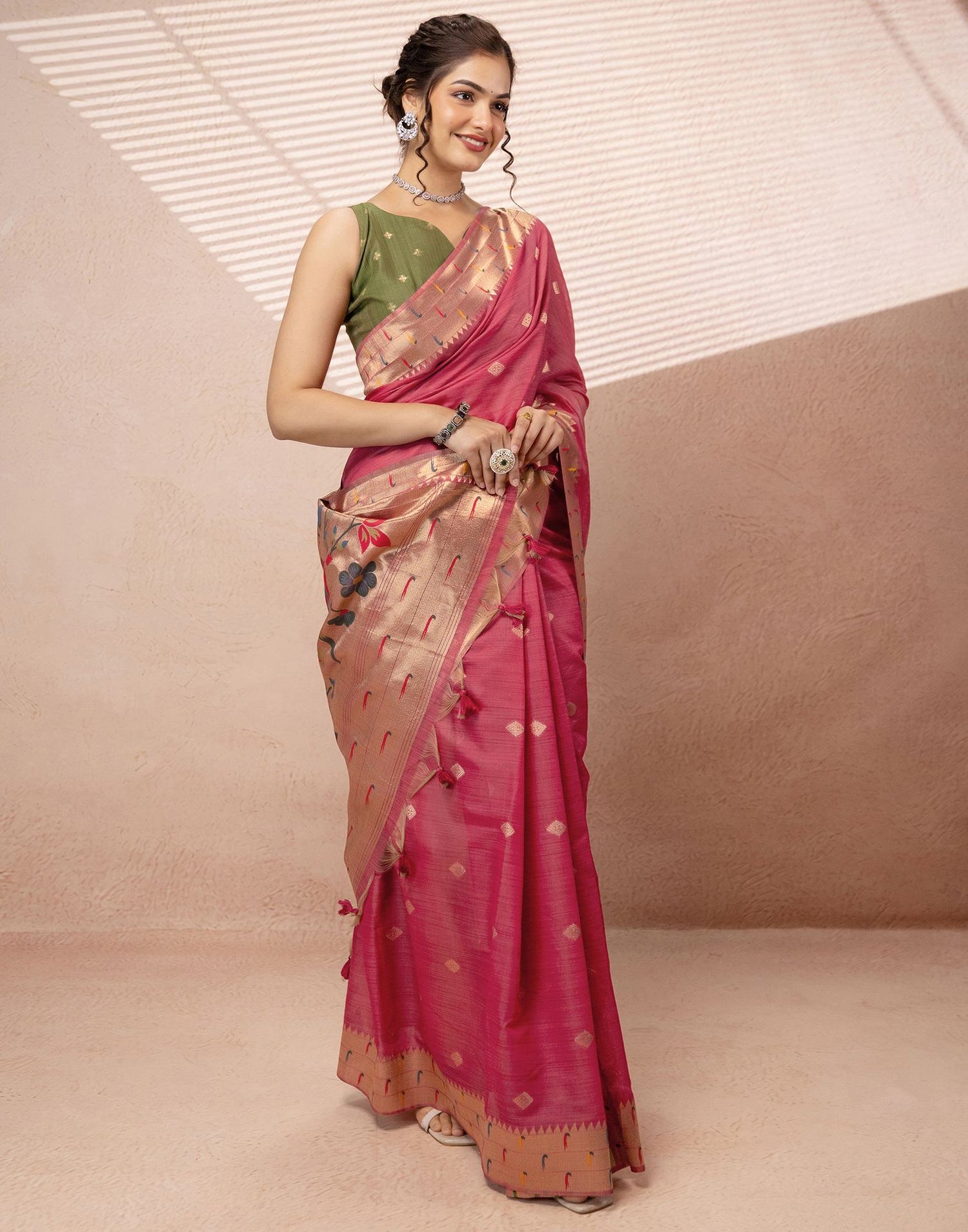 Dark Rose Pink Chanderi Cotton Woven Paithani Saree