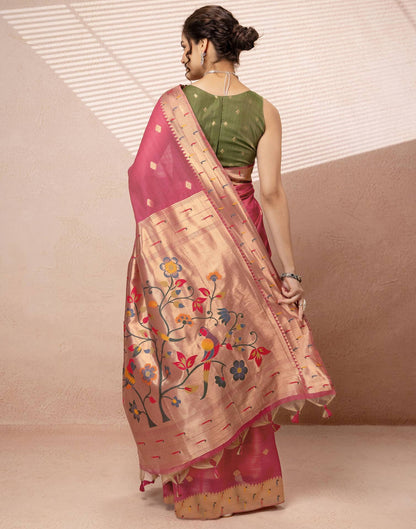 Dark Rose Pink Chanderi Cotton Woven Paithani Saree