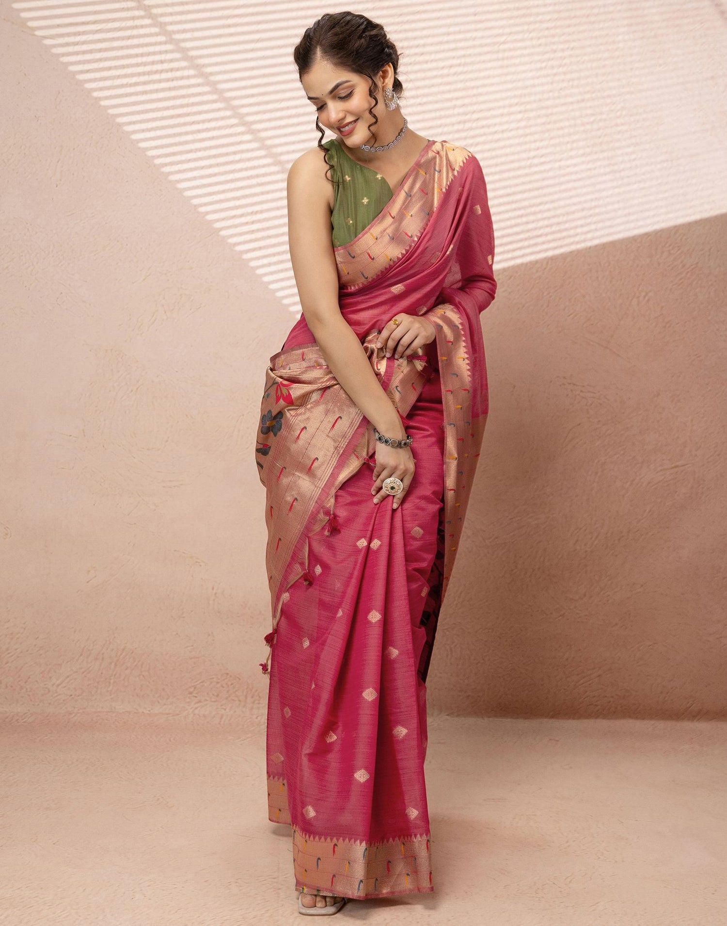 Dark Rose Pink Chanderi Cotton Woven Paithani Saree