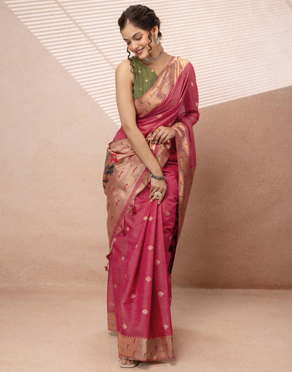 Dark Rose Pink Chanderi Cotton Woven Paithani Saree