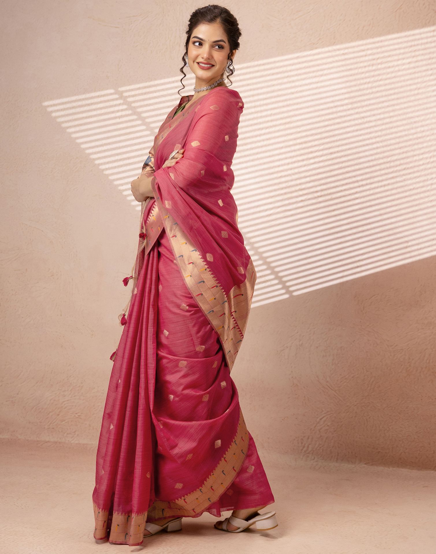Dark Rose Pink Chanderi Cotton Woven Paithani Saree