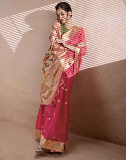Dark Rose Pink Chanderi Cotton Woven Paithani Saree