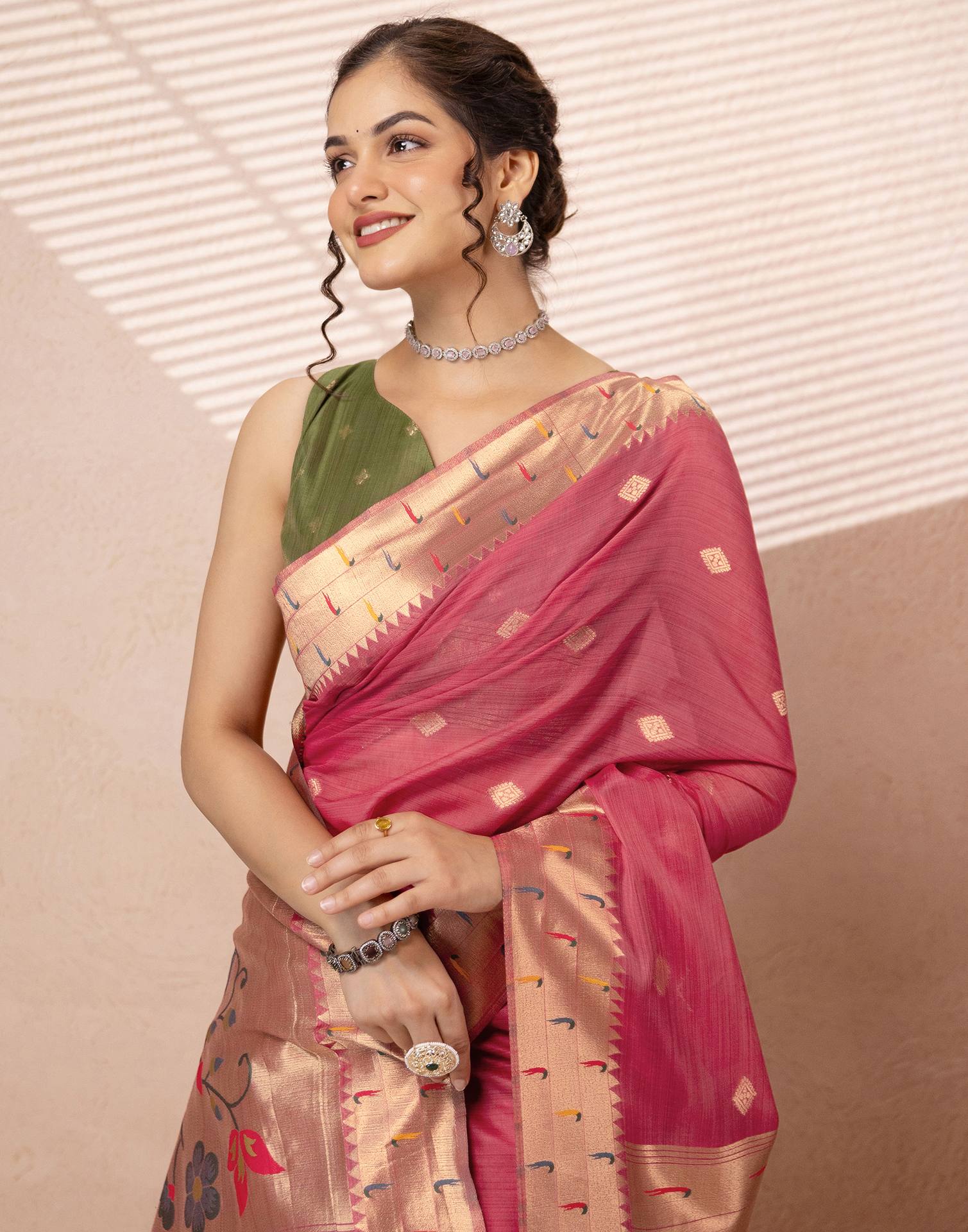 Dark Rose Pink Chanderi Cotton Woven Paithani Saree