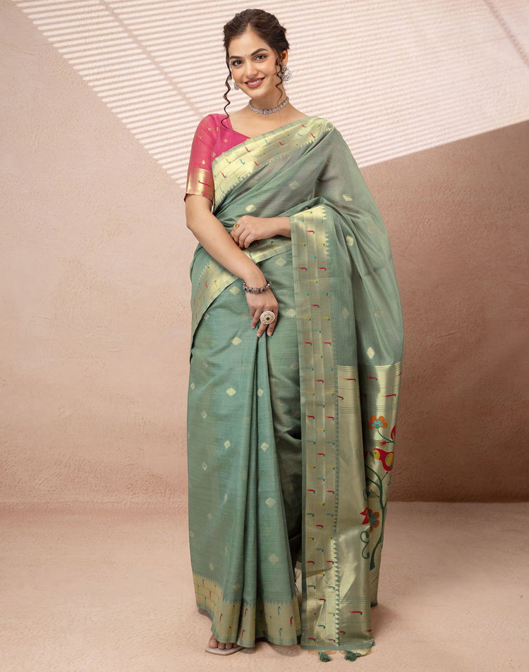 Dusty Mint Green Chanderi Cotton Woven Paithani Saree