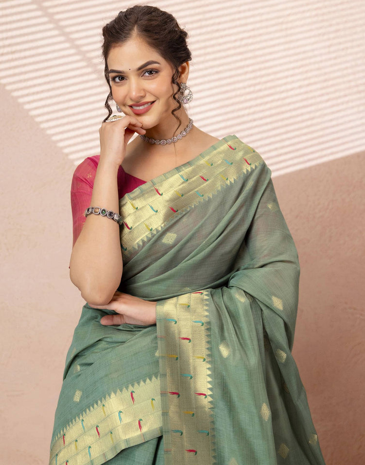 Dusty Mint Green Chanderi Cotton Woven Paithani Saree