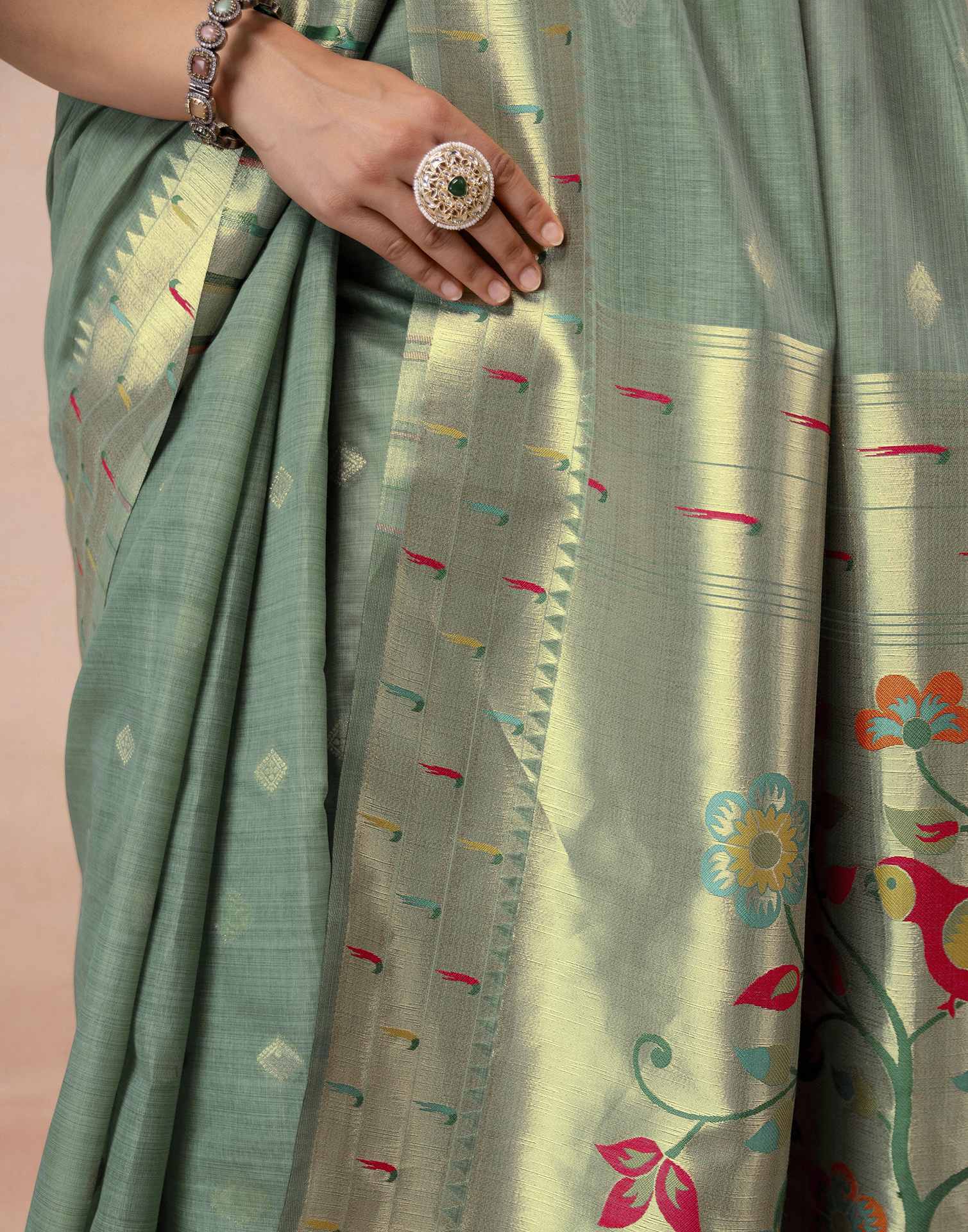 Dusty Mint Green Chanderi Cotton Woven Paithani Saree