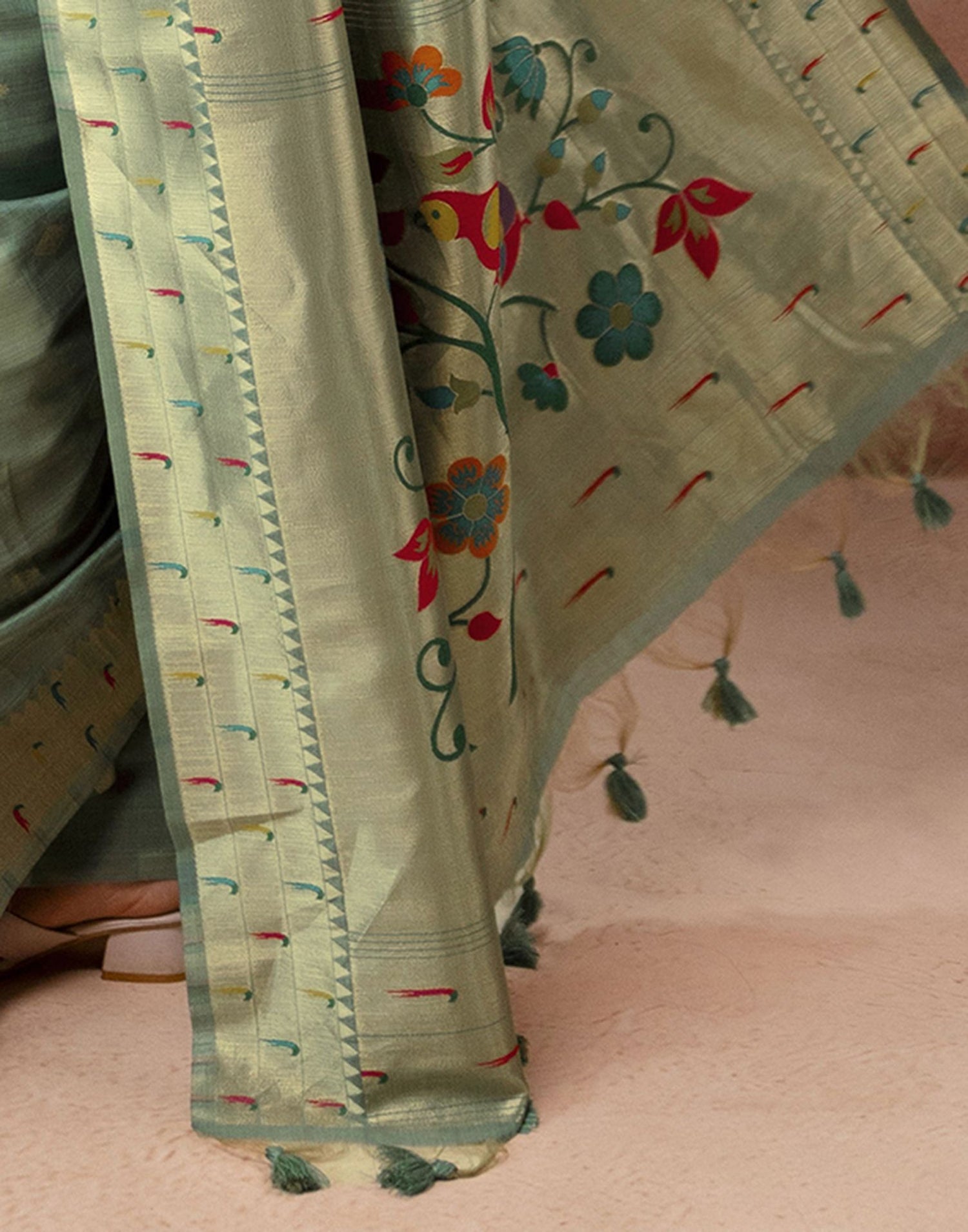 Dusty Mint Green Chanderi Cotton Woven Paithani Saree
