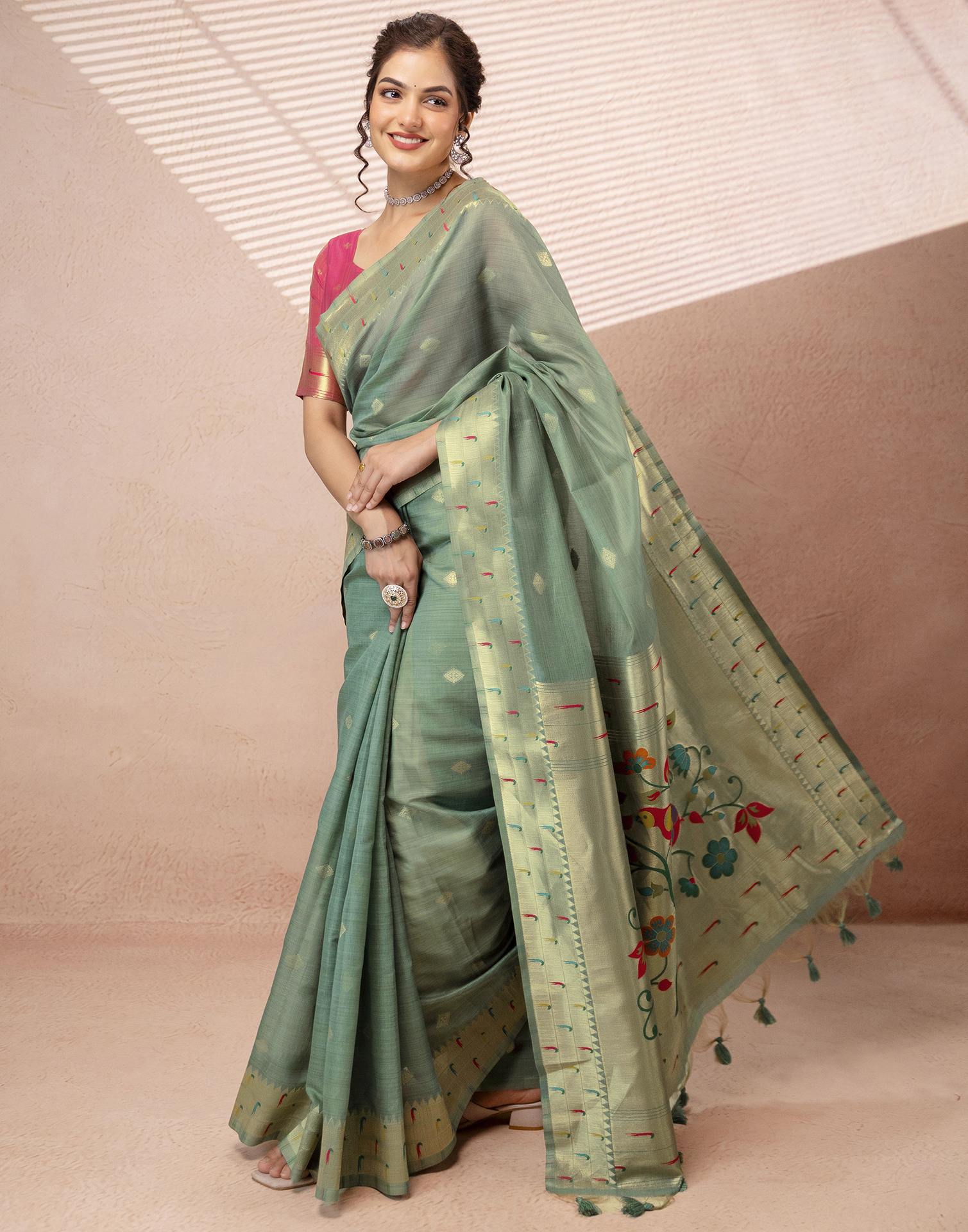 Dusty Mint Green Chanderi Cotton Woven Paithani Saree