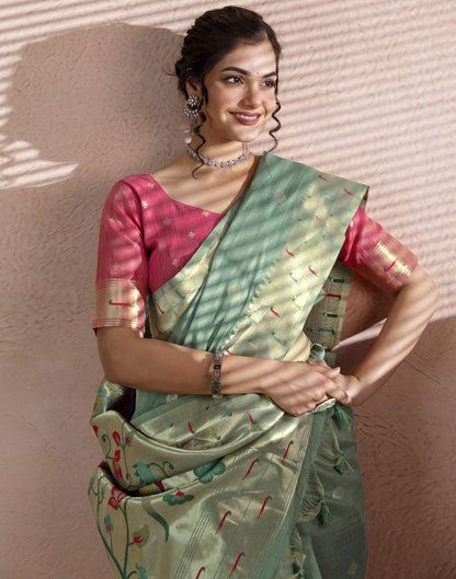 Dusty Mint Green Chanderi Cotton Woven Paithani Saree