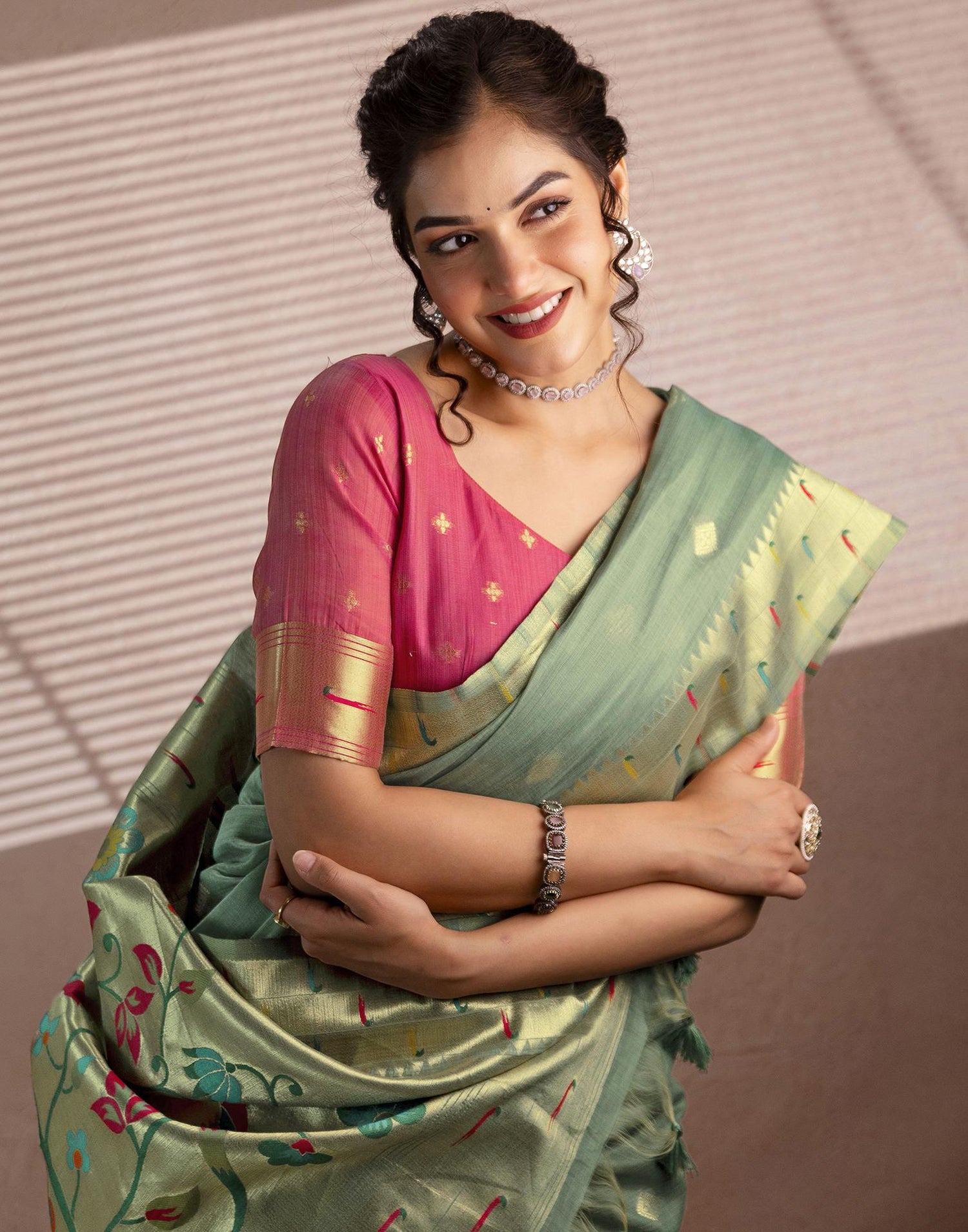 Dusty Mint Green Chanderi Cotton Woven Paithani Saree