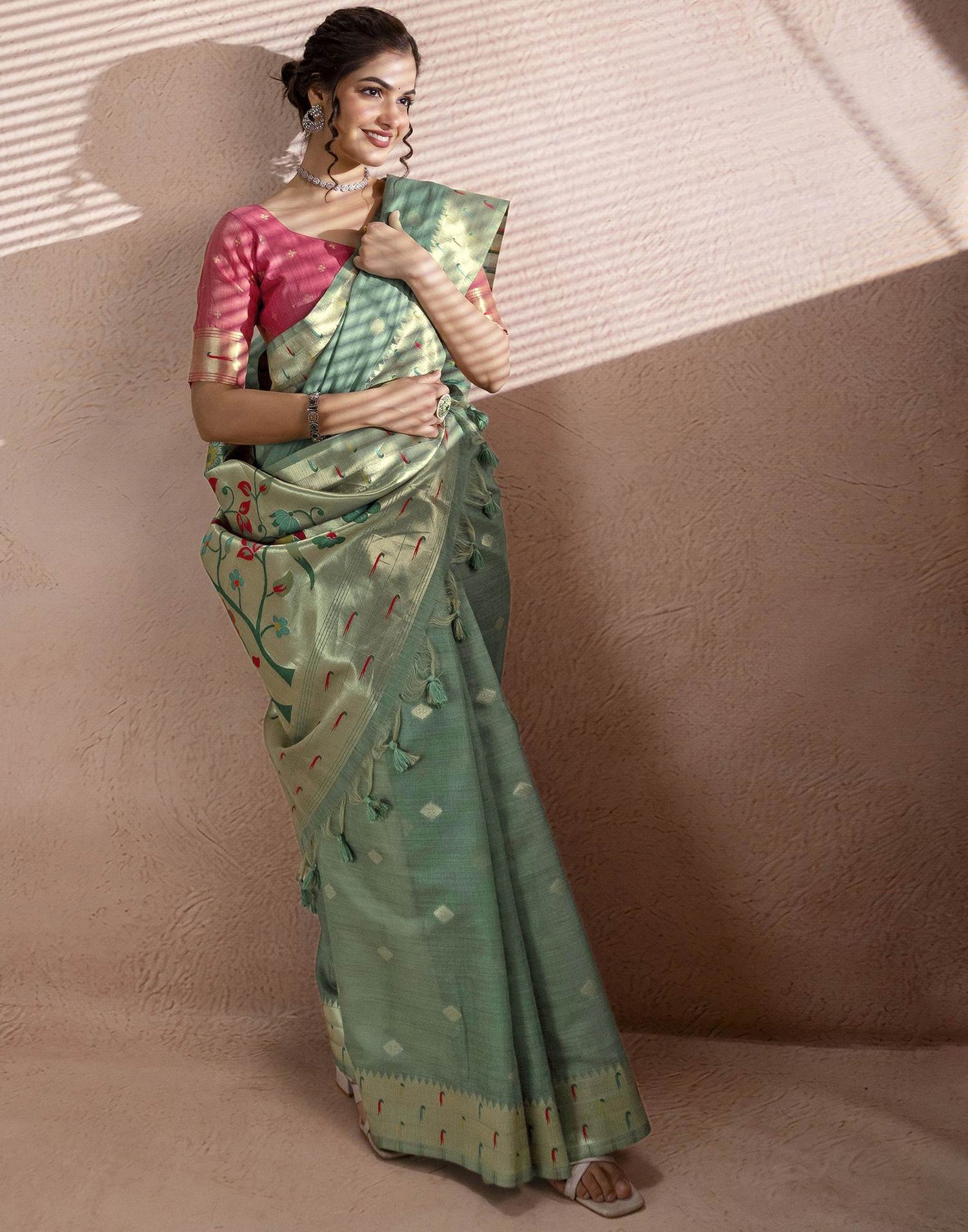 Dusty Mint Green Chanderi Cotton Woven Paithani Saree