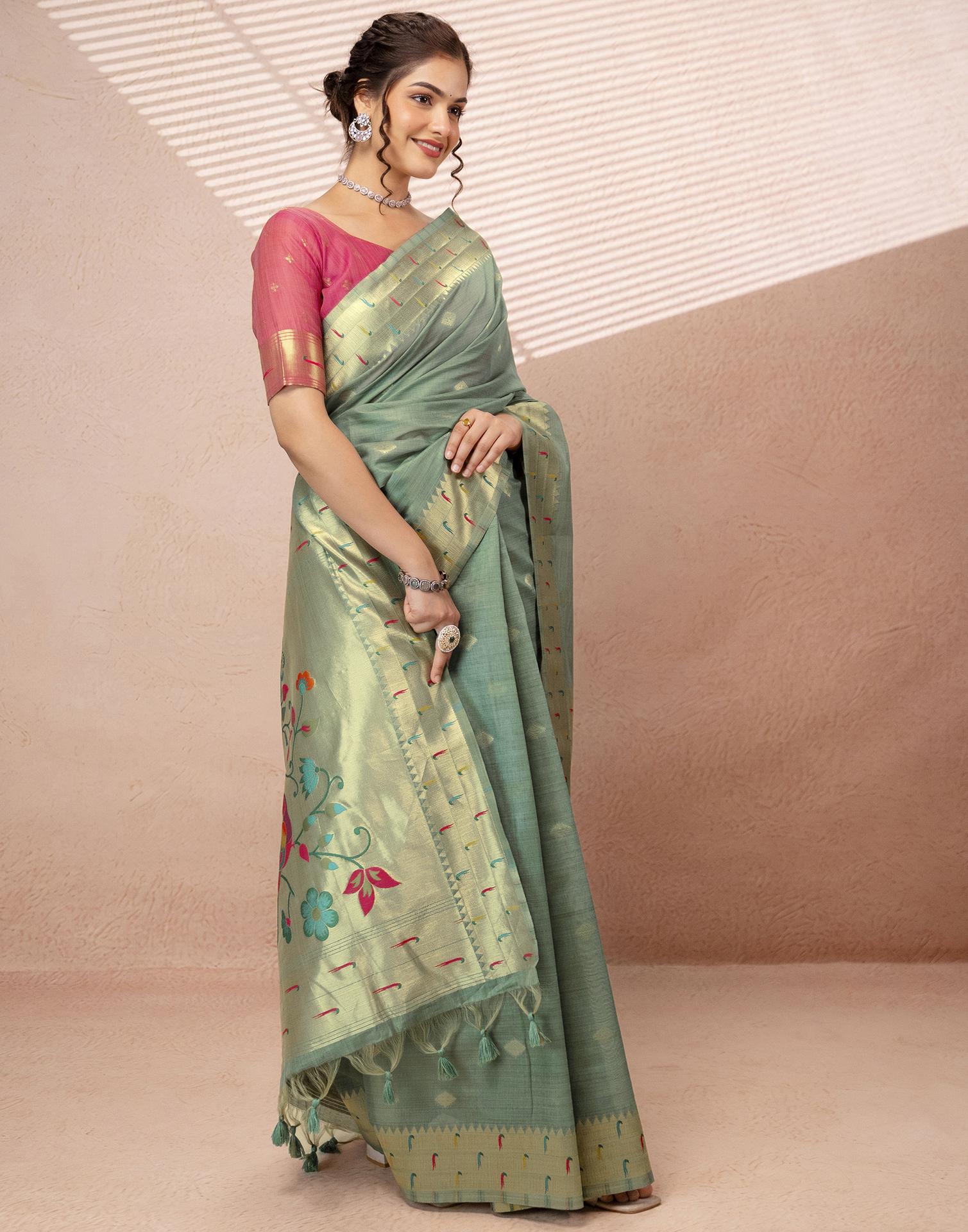 Dusty Mint Green Chanderi Cotton Woven Paithani Saree