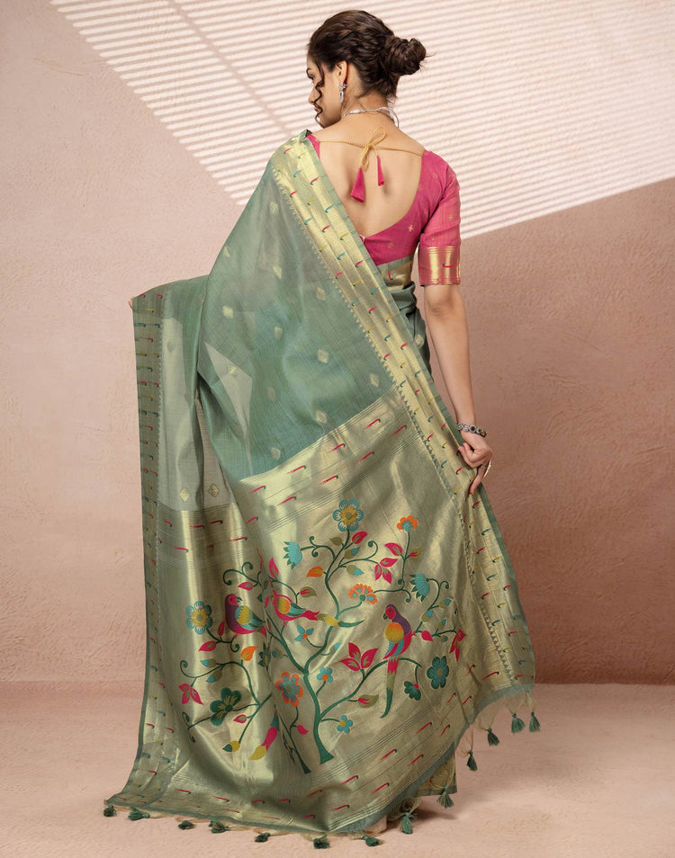 Dusty Mint Green Chanderi Cotton Woven Paithani Saree