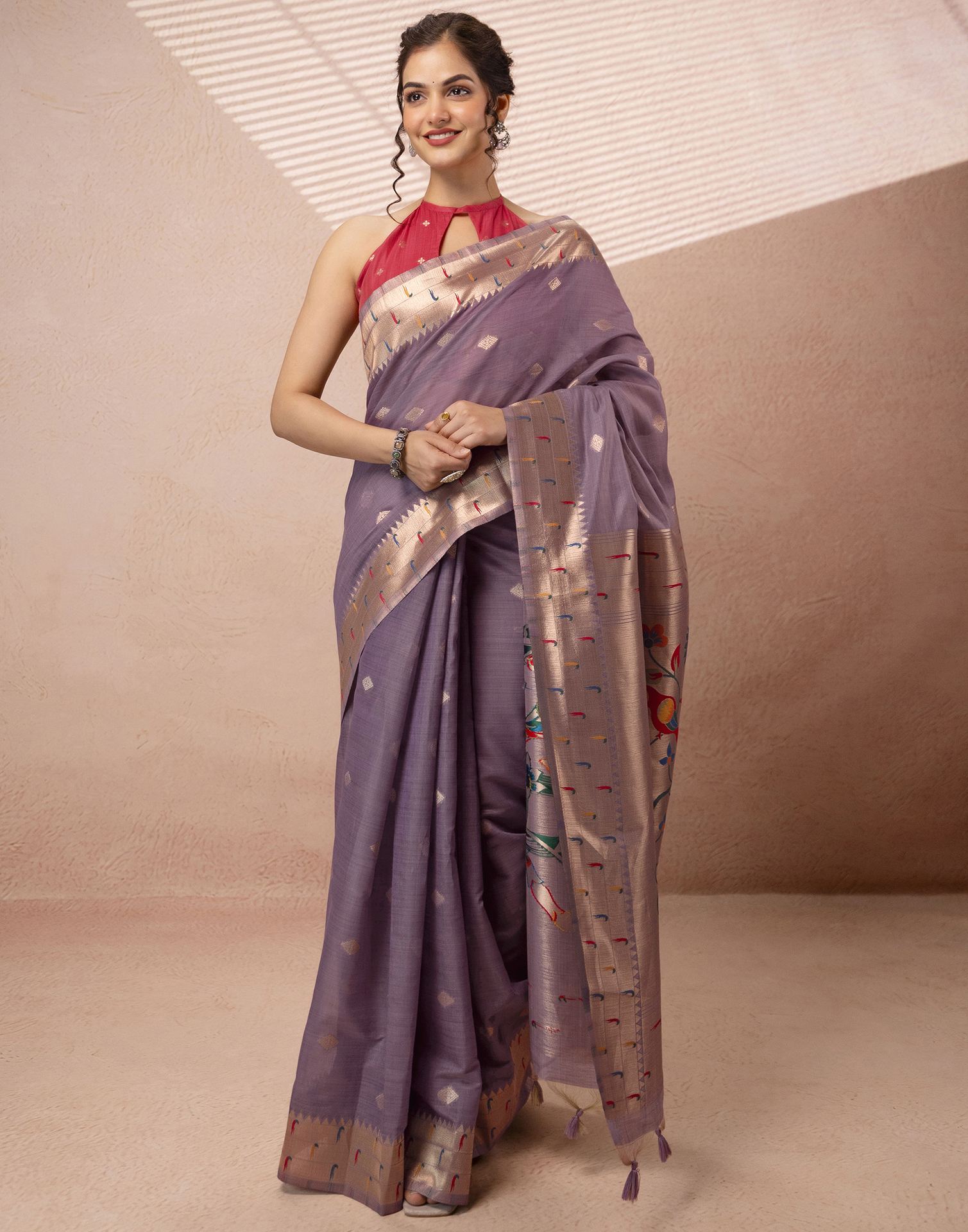 Lavender Chanderi Cotton Woven Paithani Saree