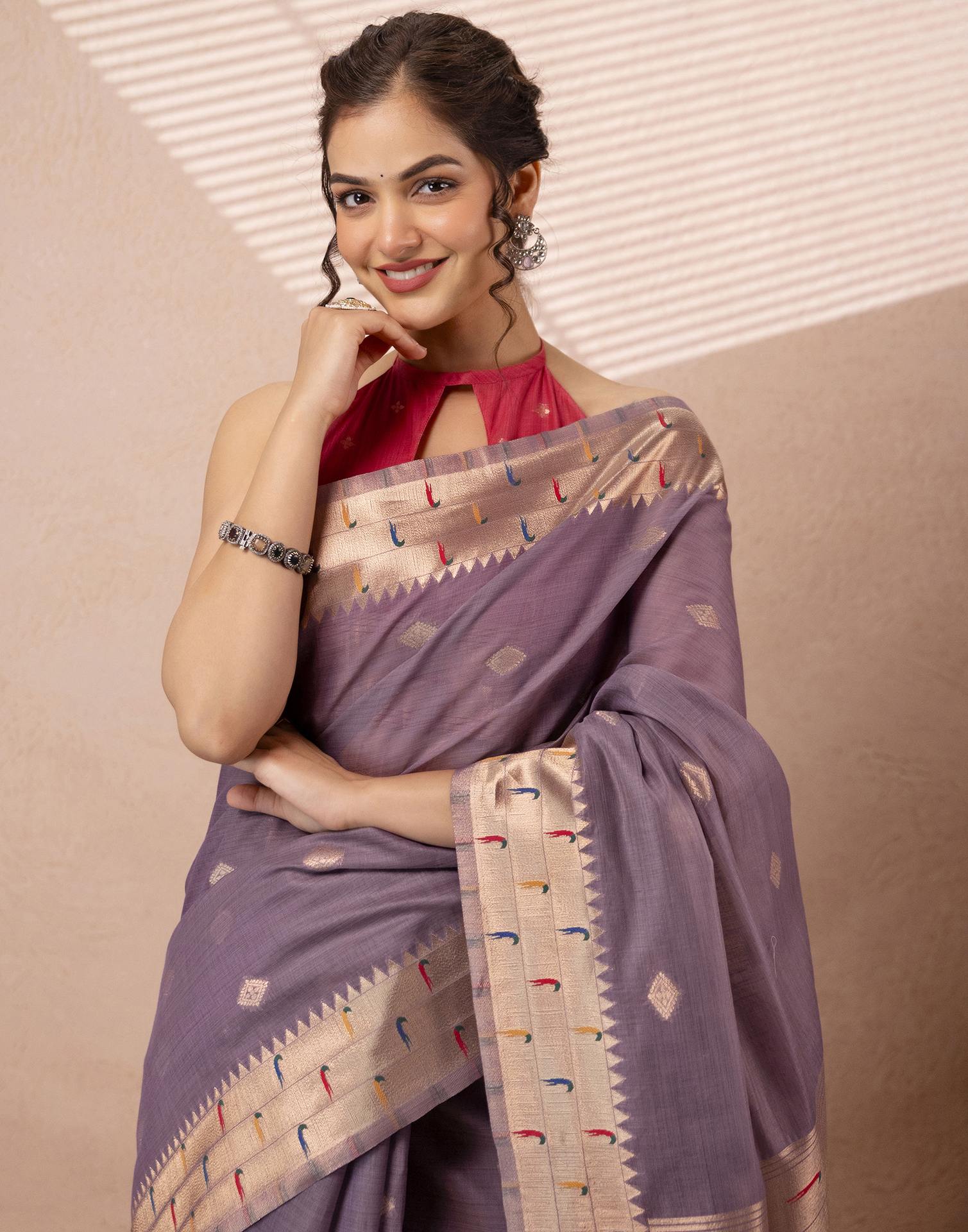 Lavender Chanderi Cotton Woven Paithani Saree