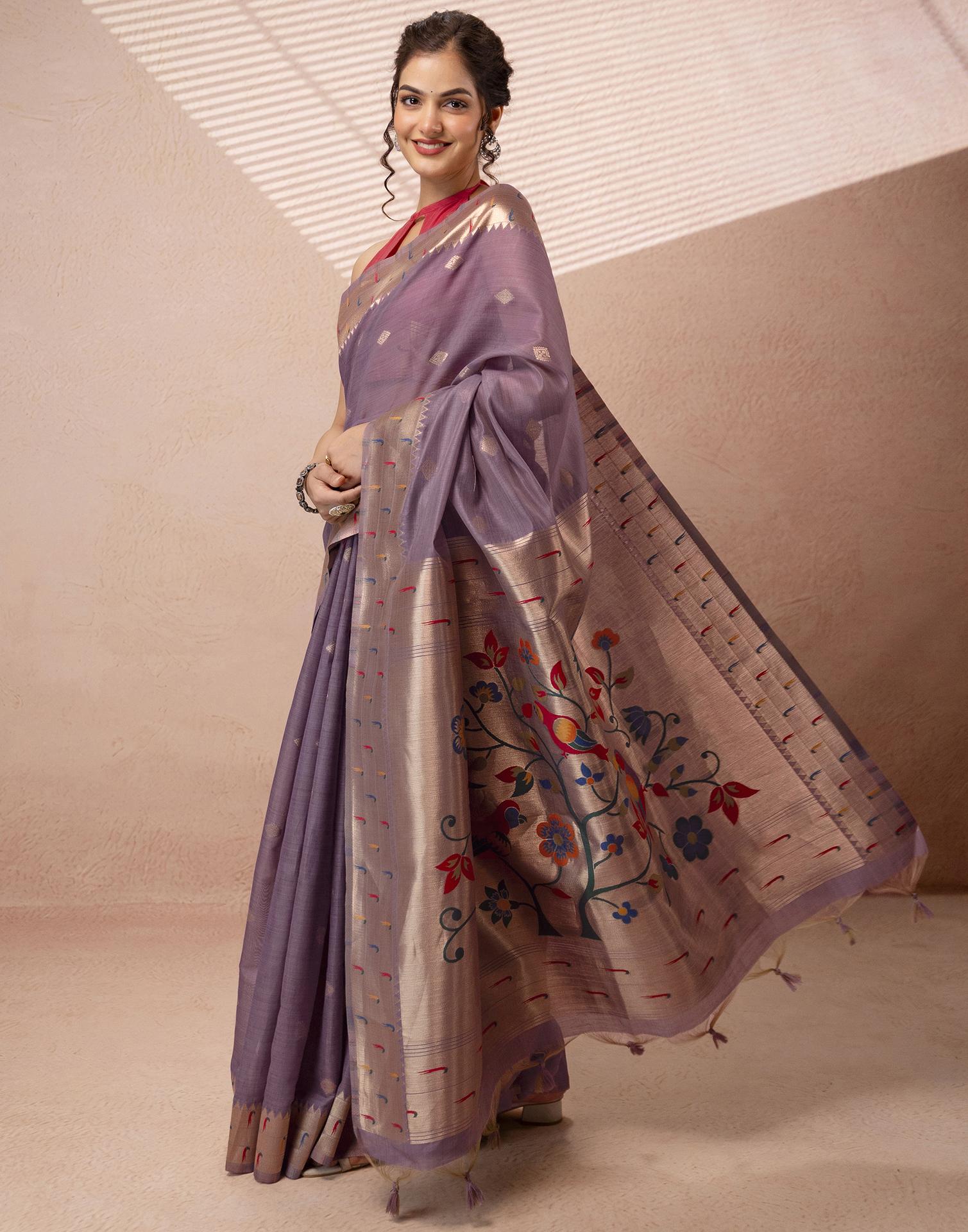 Lavender Chanderi Cotton Woven Paithani Saree