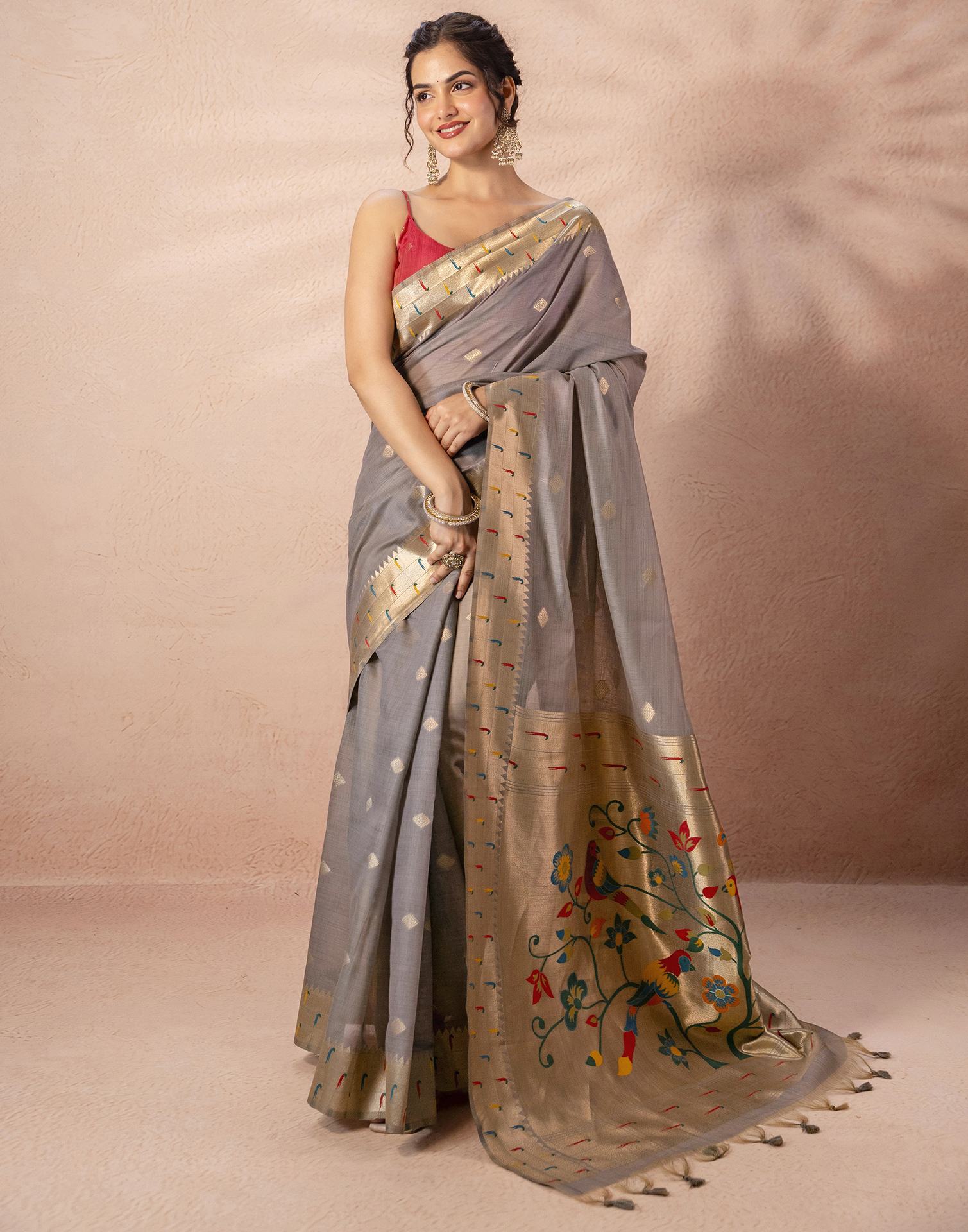 Grey Chanderi Cotton Woven Paithani Saree