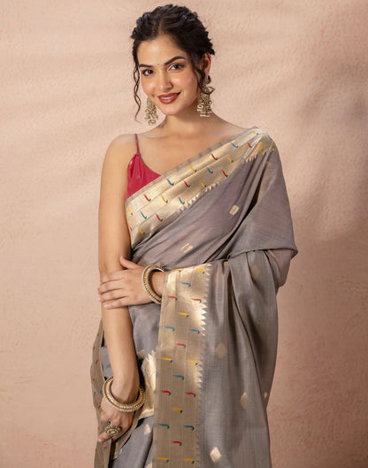 Grey Chanderi Cotton Woven Paithani Saree