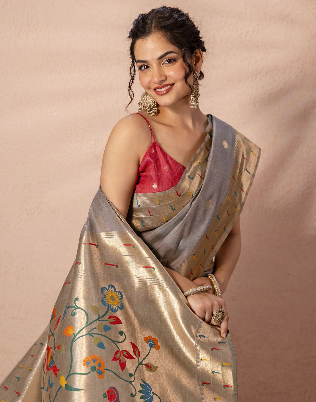 Grey Chanderi Cotton Woven Paithani Saree