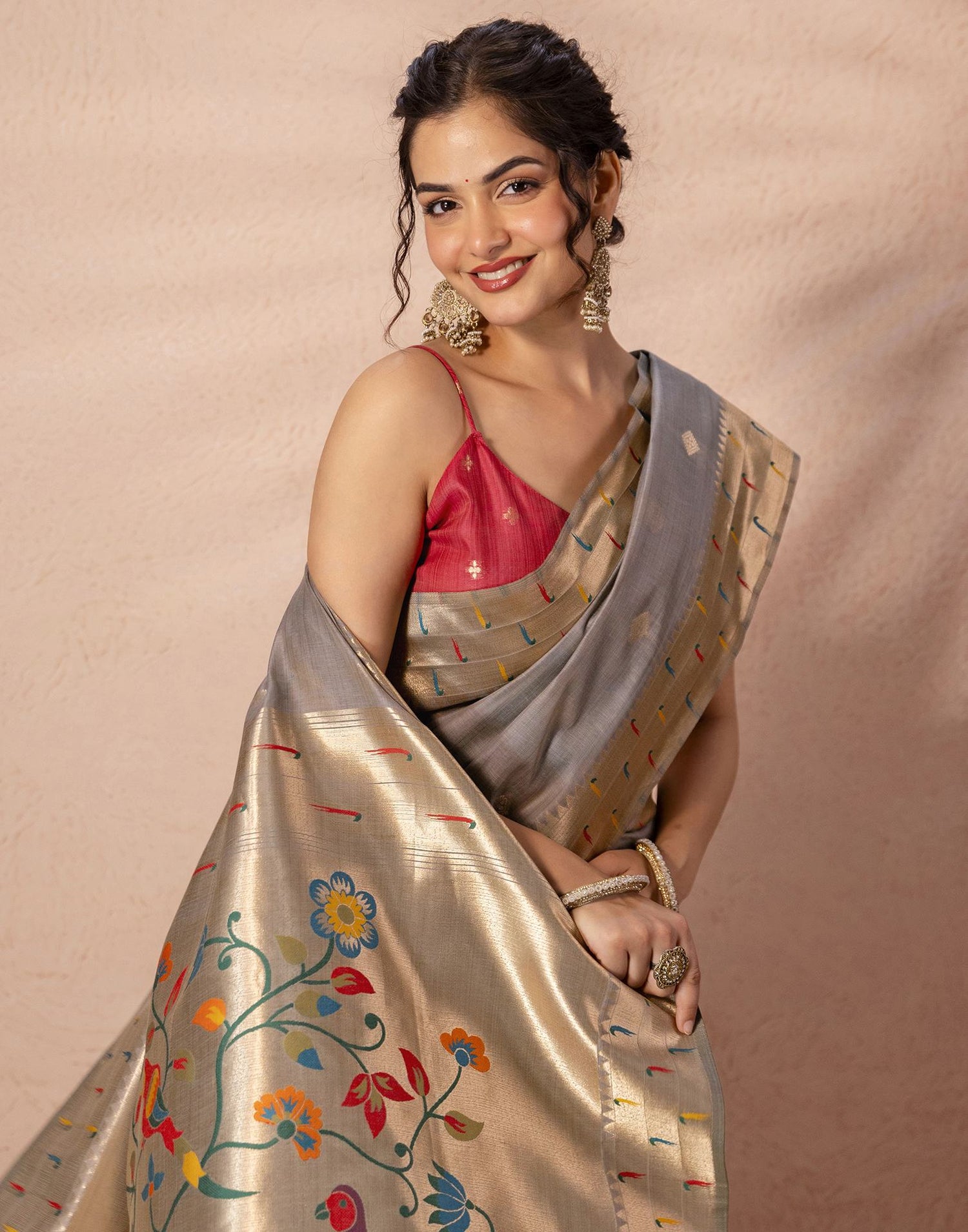 Grey Chanderi Cotton Woven Paithani Saree